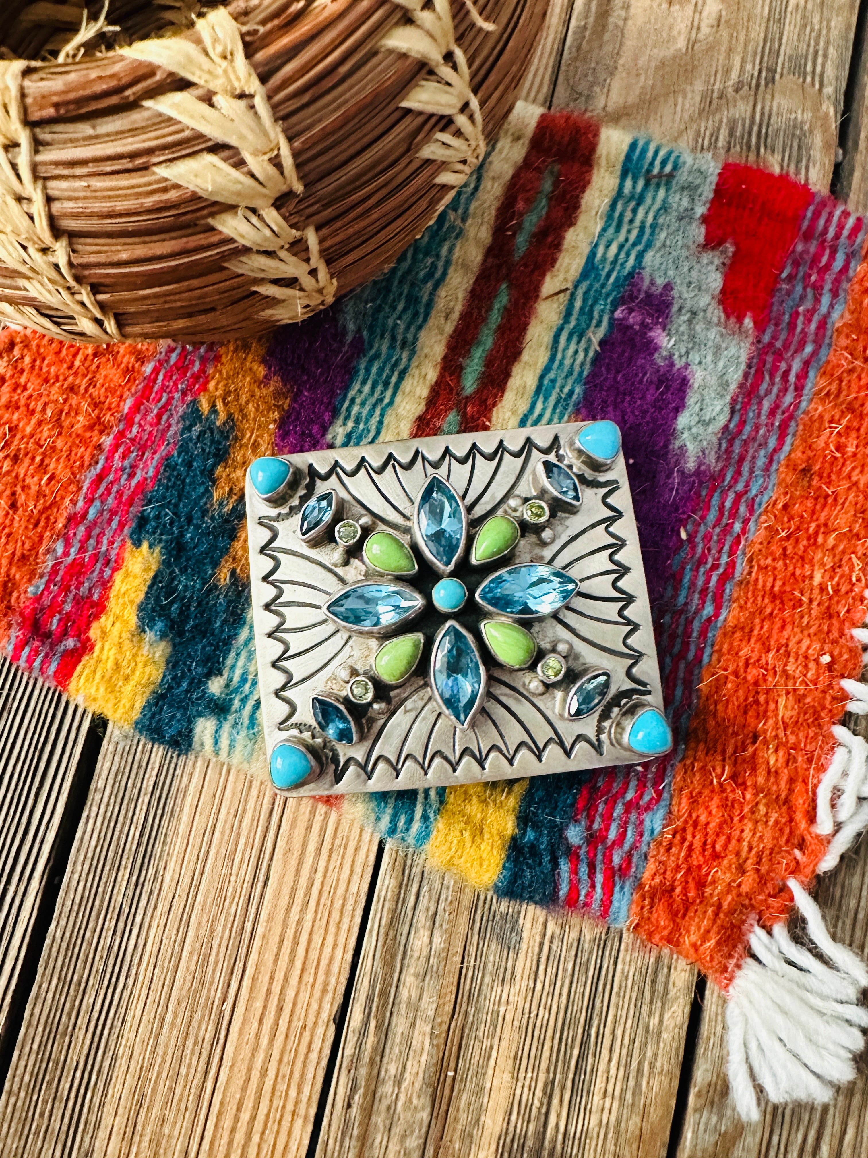 Handcrafted Vintage Old Pawn Multi Stone & Sterling Silver Belt Buckle