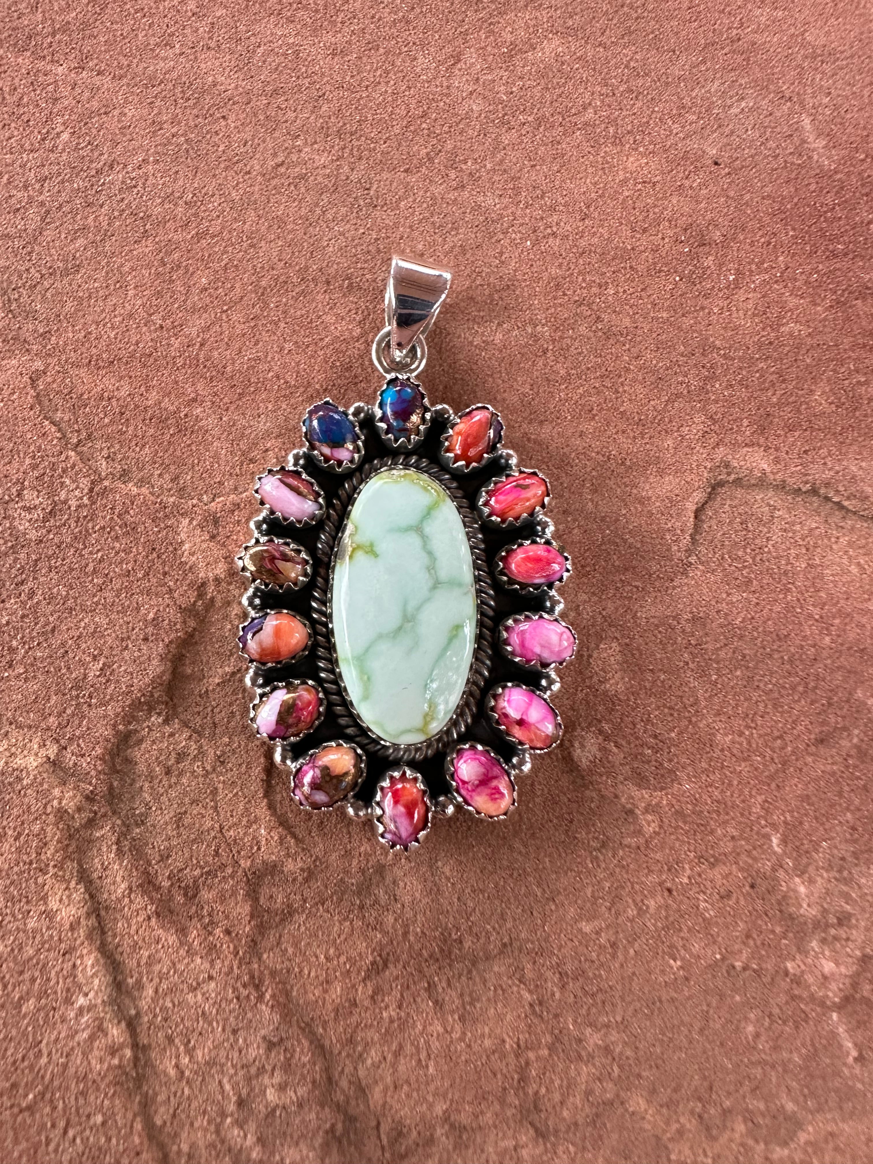 Beautiful Handmade Sterling Silver, Palomino Turquoise, Pink Dream Mojave Cluster Pendant