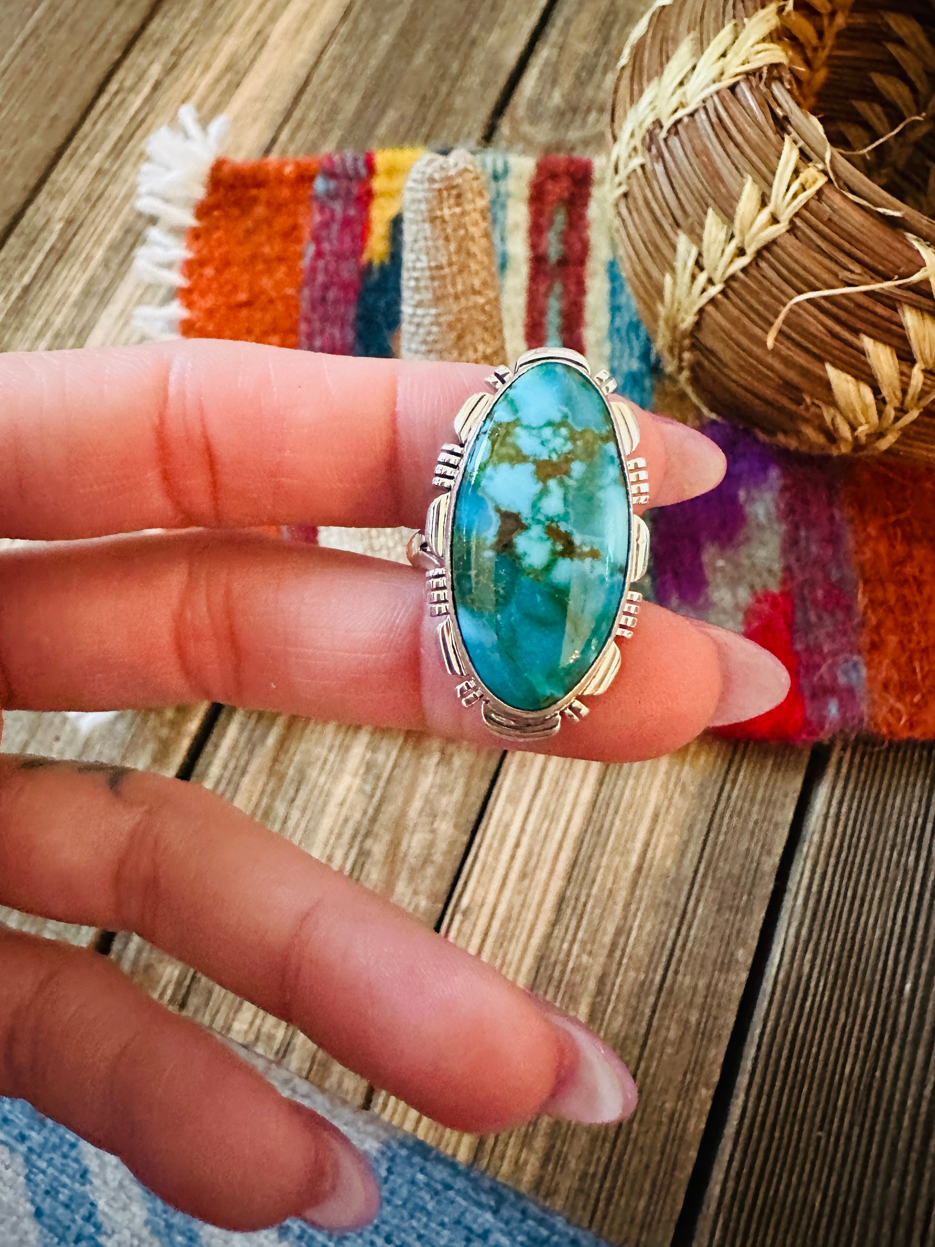 Handcrafted Sonoran Mountain Turquoise & Sterling Silver Ring size 8.5