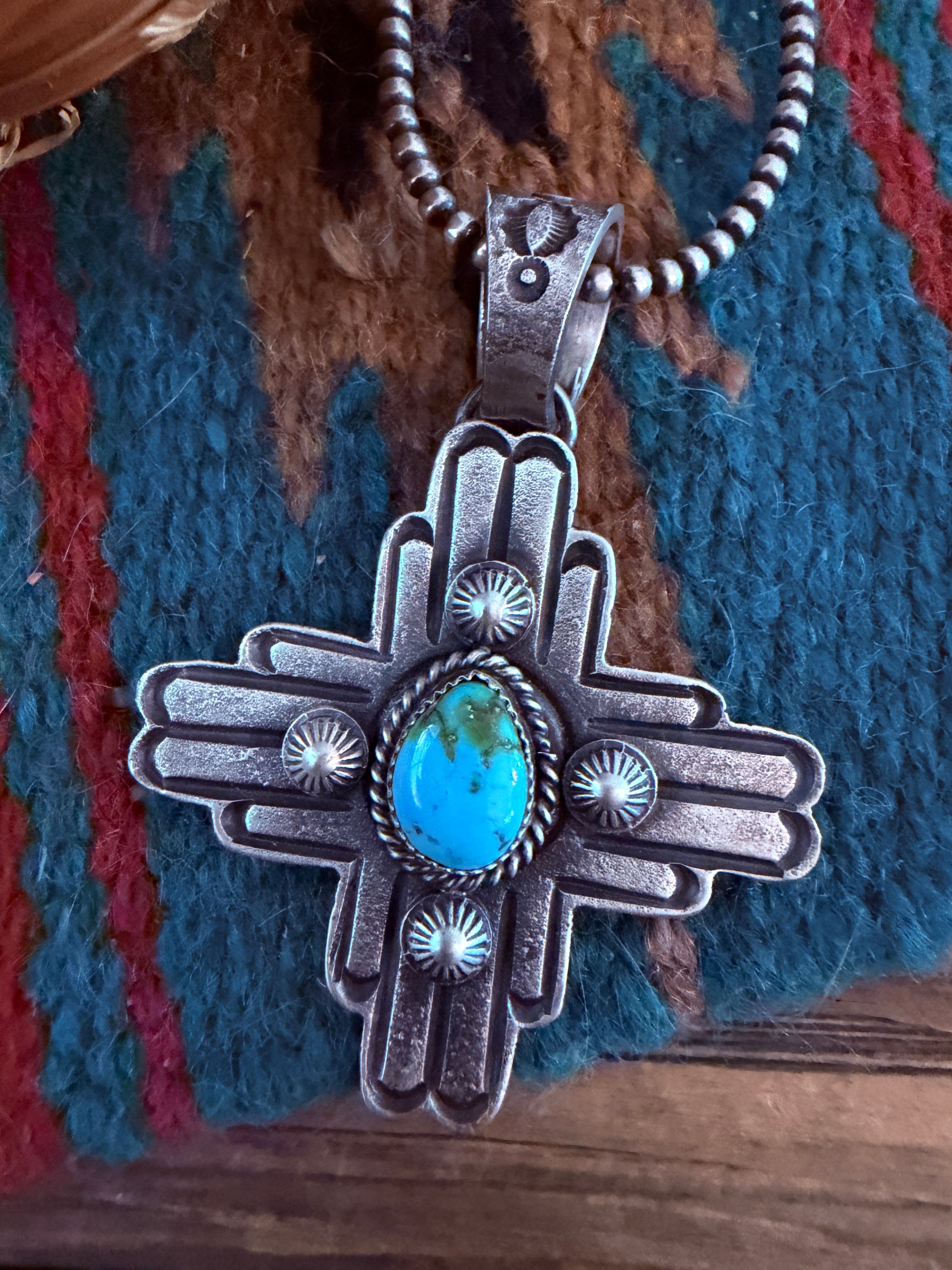 Handcrafted Sterling Silver & Sonoran Mountain Turquoise Zia Cross Pendant by Kevin Billah