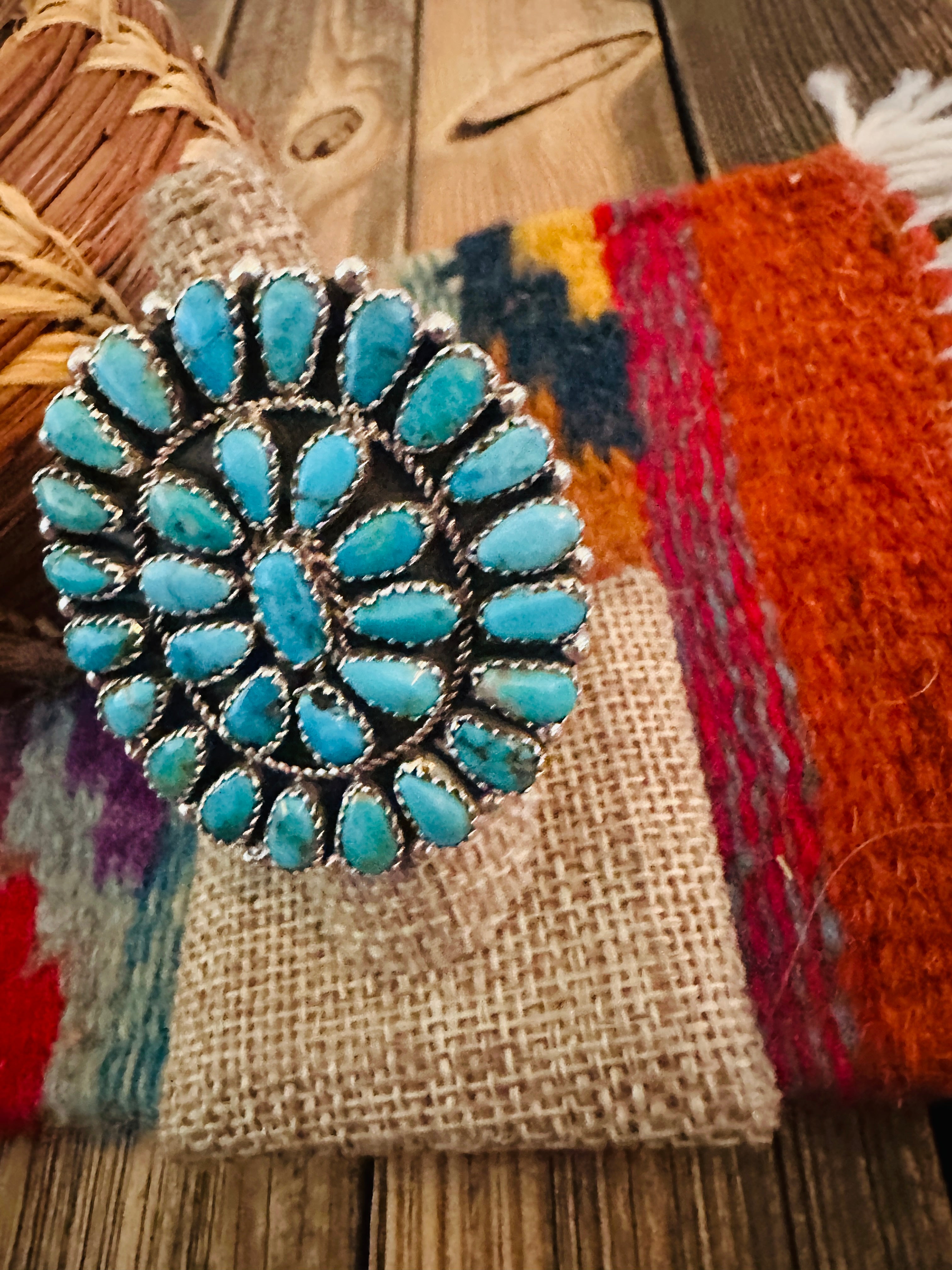 Handcrafted Turquoise & Sterling Silver Adjustable Cluster Ring