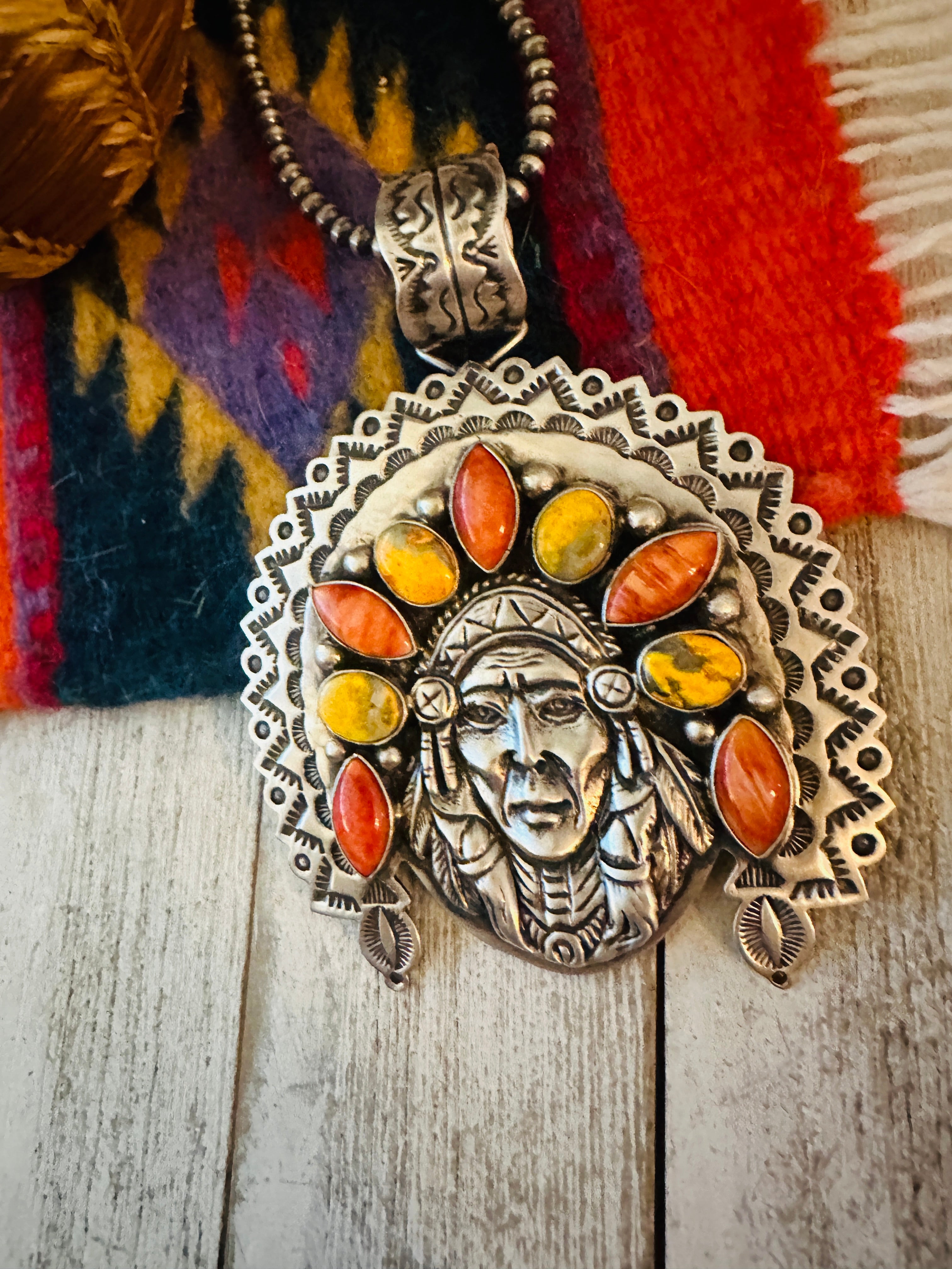 Navajo Spiny, Jasper & Sterling Silver Indian Chief Pendant