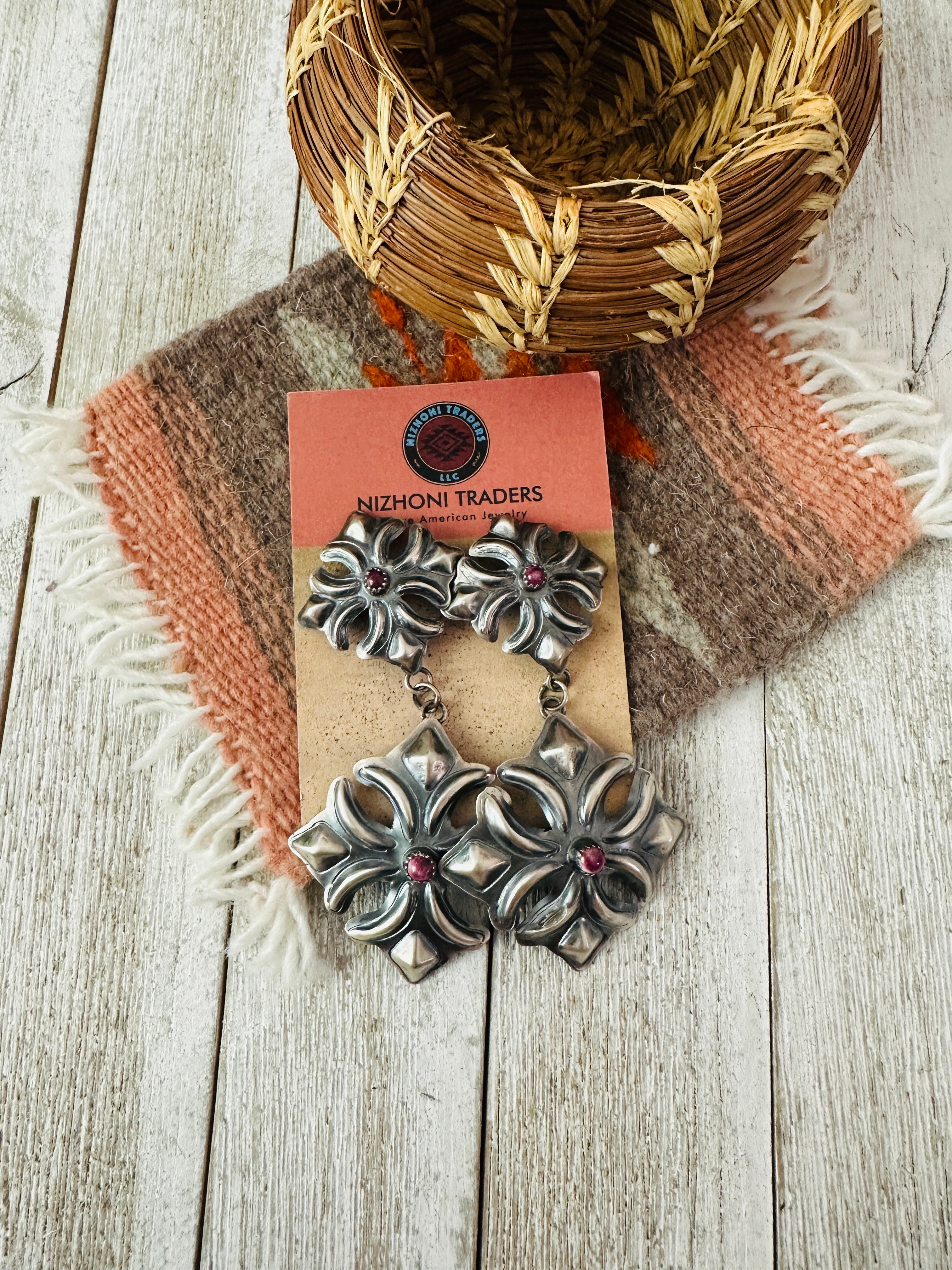 Handcrafted Purple Spiny & Sterling Silver Concho Dangle Earrings by Tim Yazzie