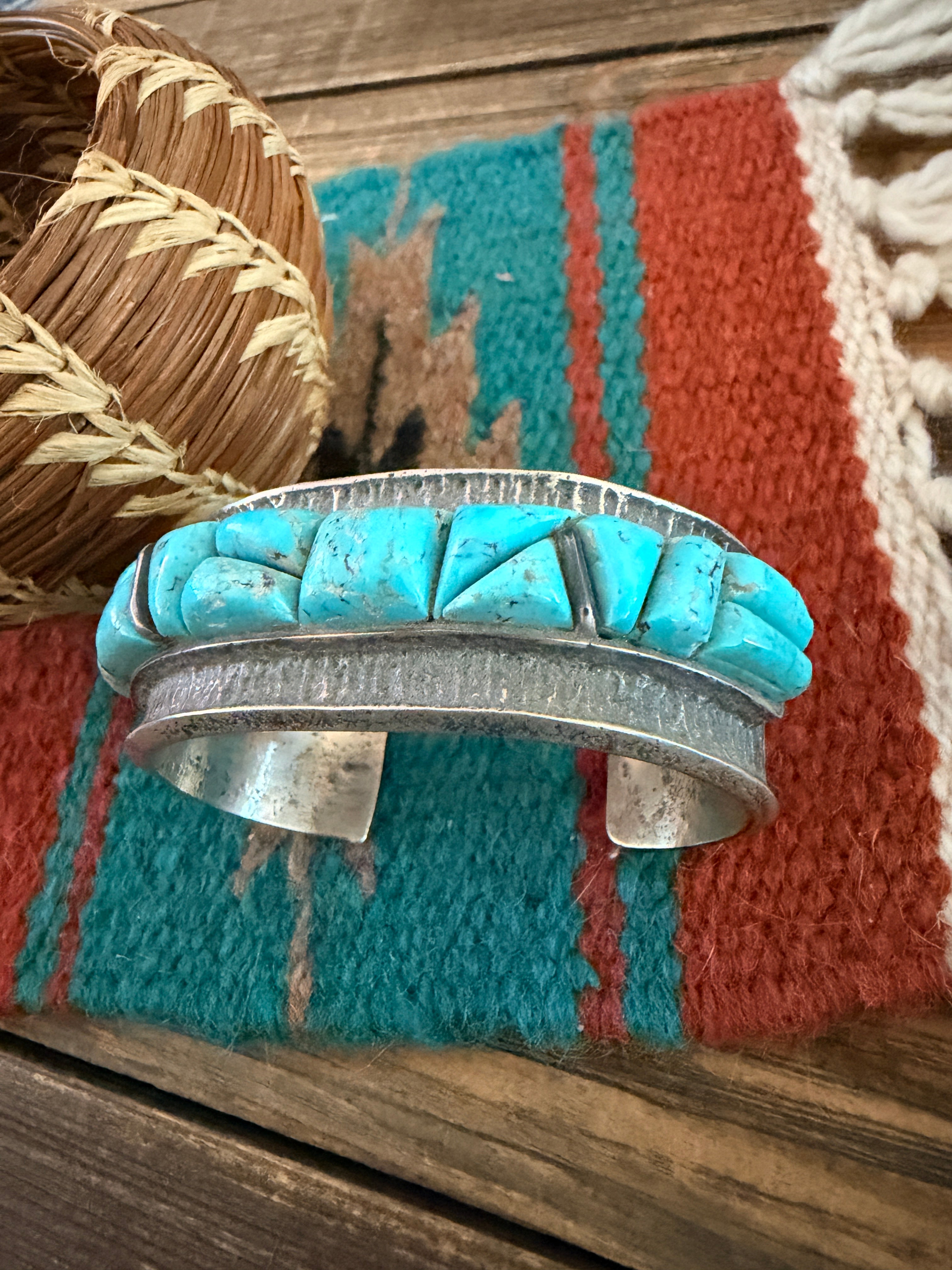 Handcrafted Old Pawn Sterling Silver & Turquoise Cobble Stone Inlay Cuff Bracelet