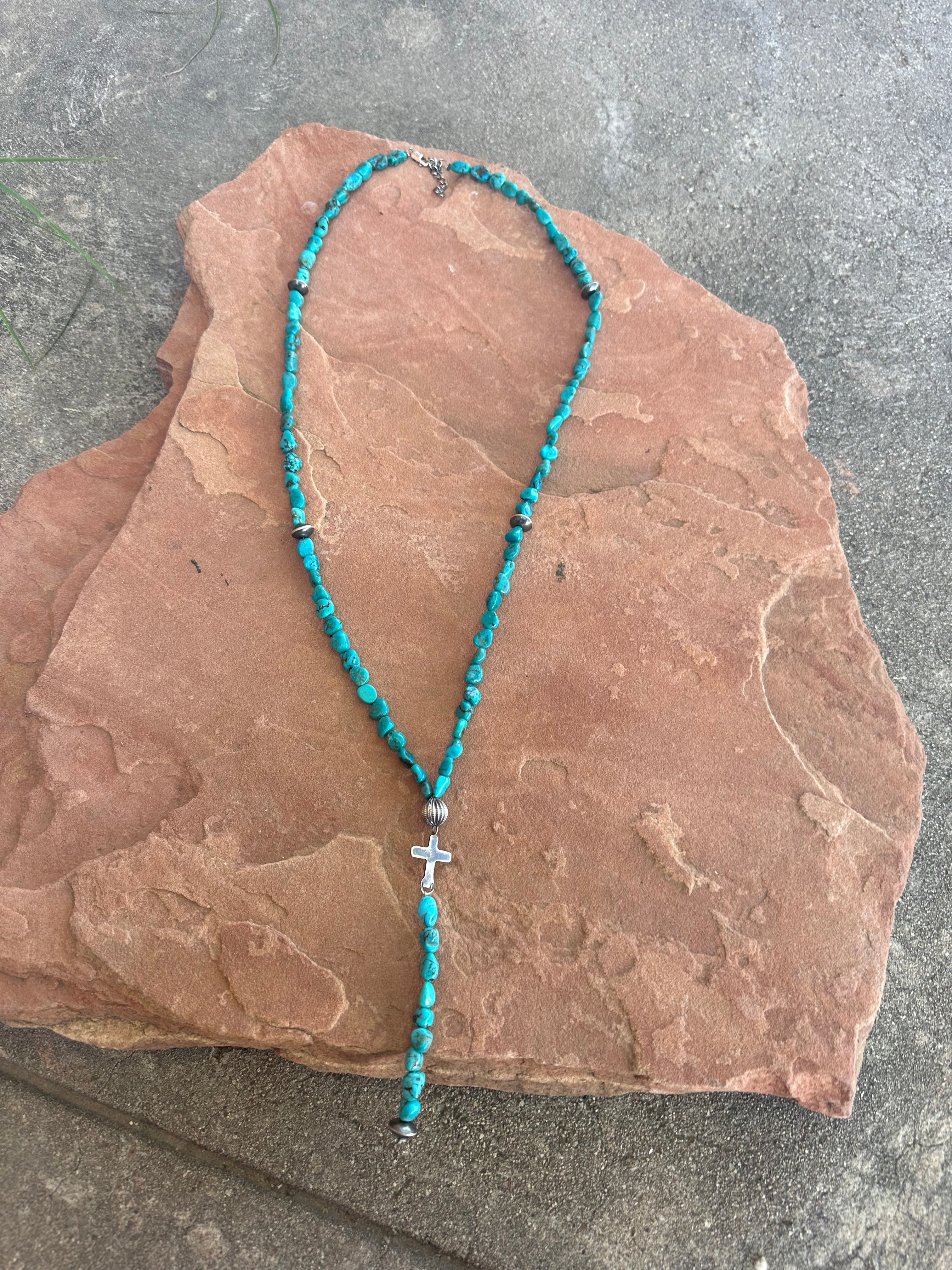 Nizhoni’s Handmade Sterling Silver Turquoise Beaded Lariat Cross Necklace