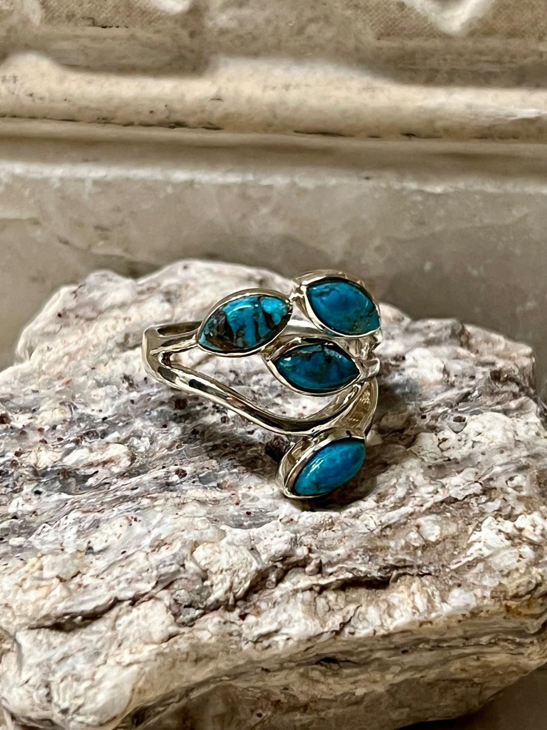 Four Stone Blue Copper Turquoise Sterling Silver Ring Size 9