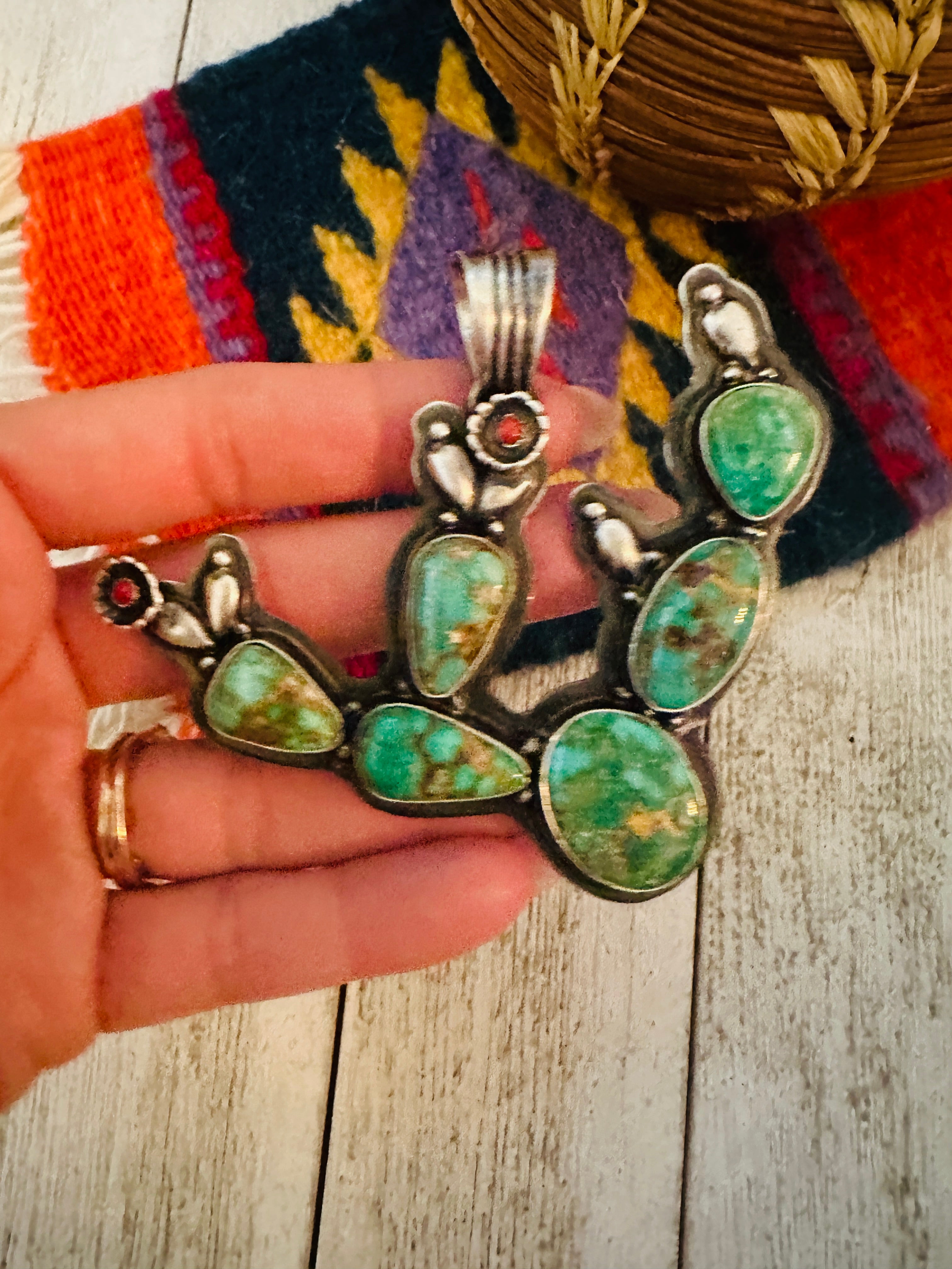 Navajo Turquoise, Coral and Sterling Silver Cactus Pendant