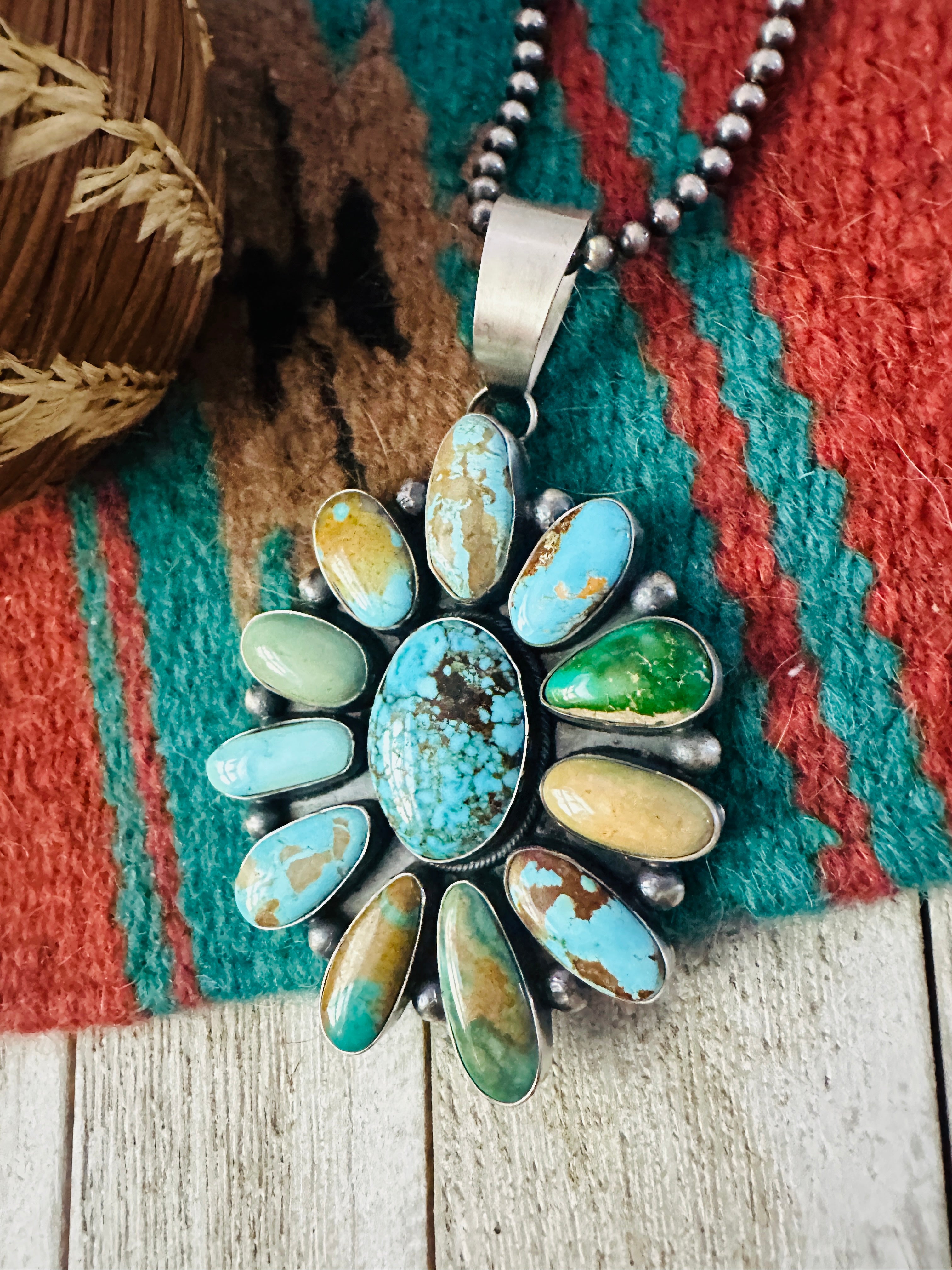 Handcrafted Sterling Silver & Multi Turquoise Cluster Pendant by Amos Jake