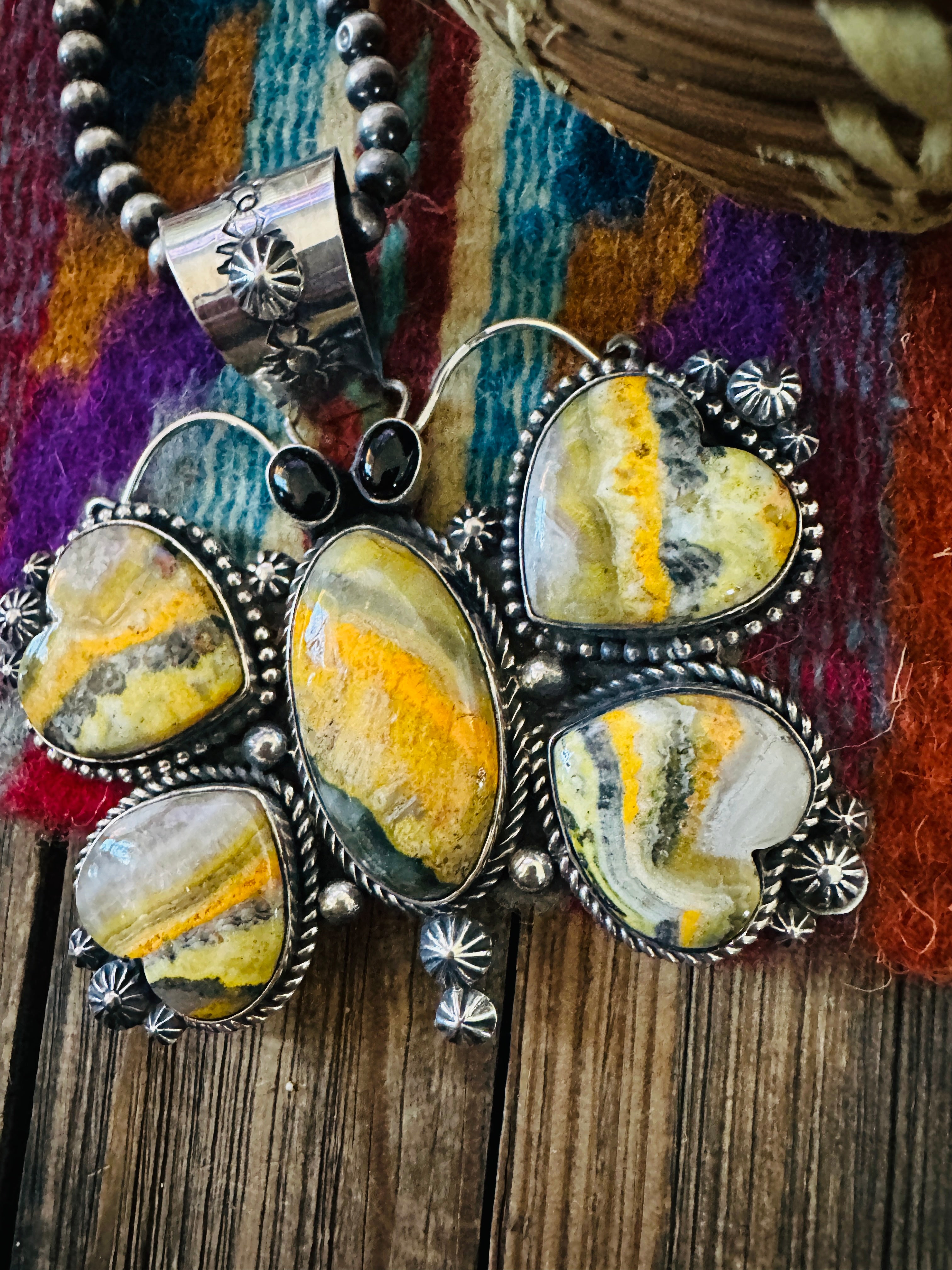 Handcrafted Sterling Silver, Bumblebee & Onyx Butterfly Pendant by Rosella Paxson