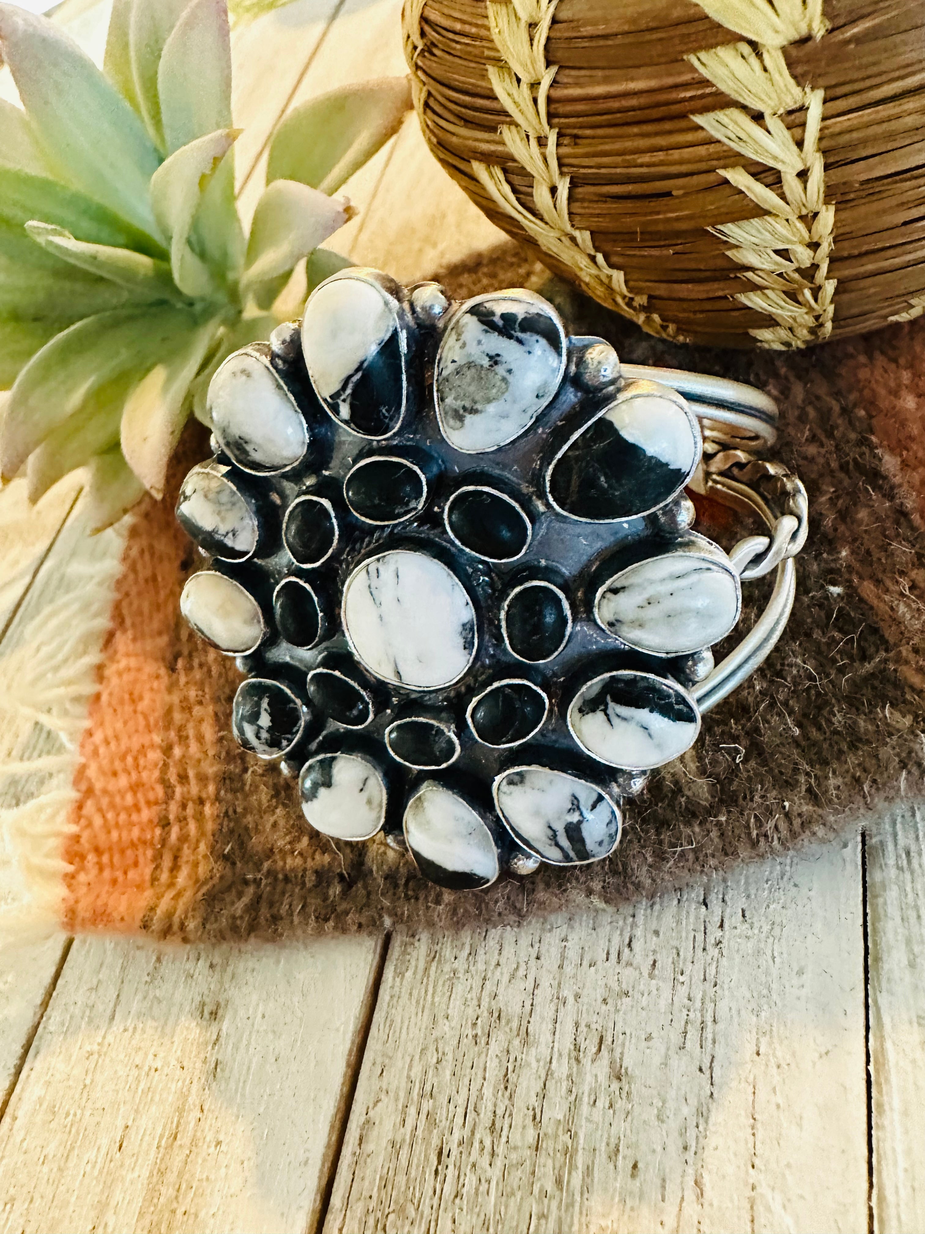 Navajo White Buffalo & Sterling Silver Cluster Cuff Bracelet