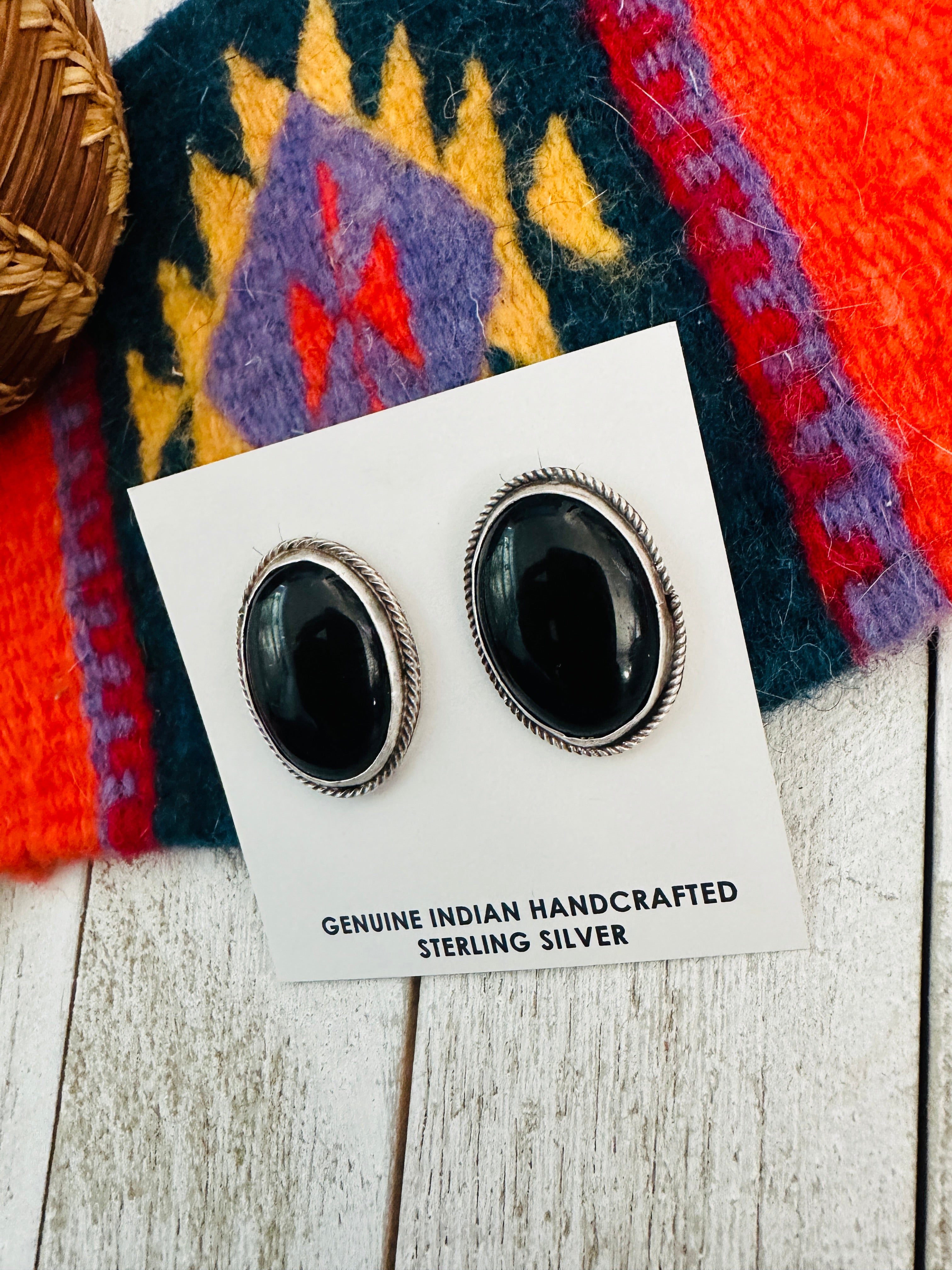 Navajo Onyx & Sterling Silver Post Earrings