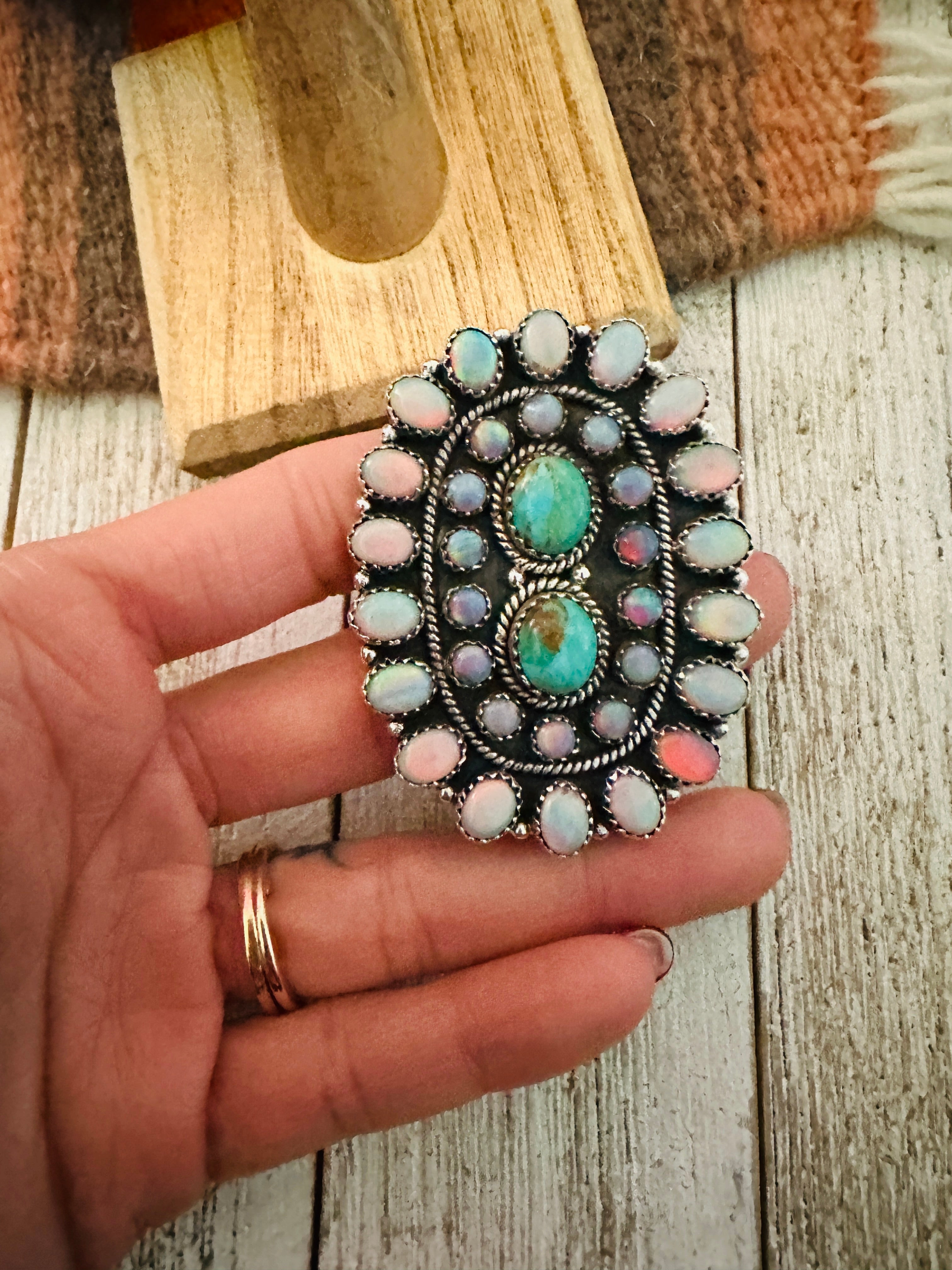 Handmade Sterling Silver, Opal & Turquoise Cluster Adjustable Ring by Nizhoni