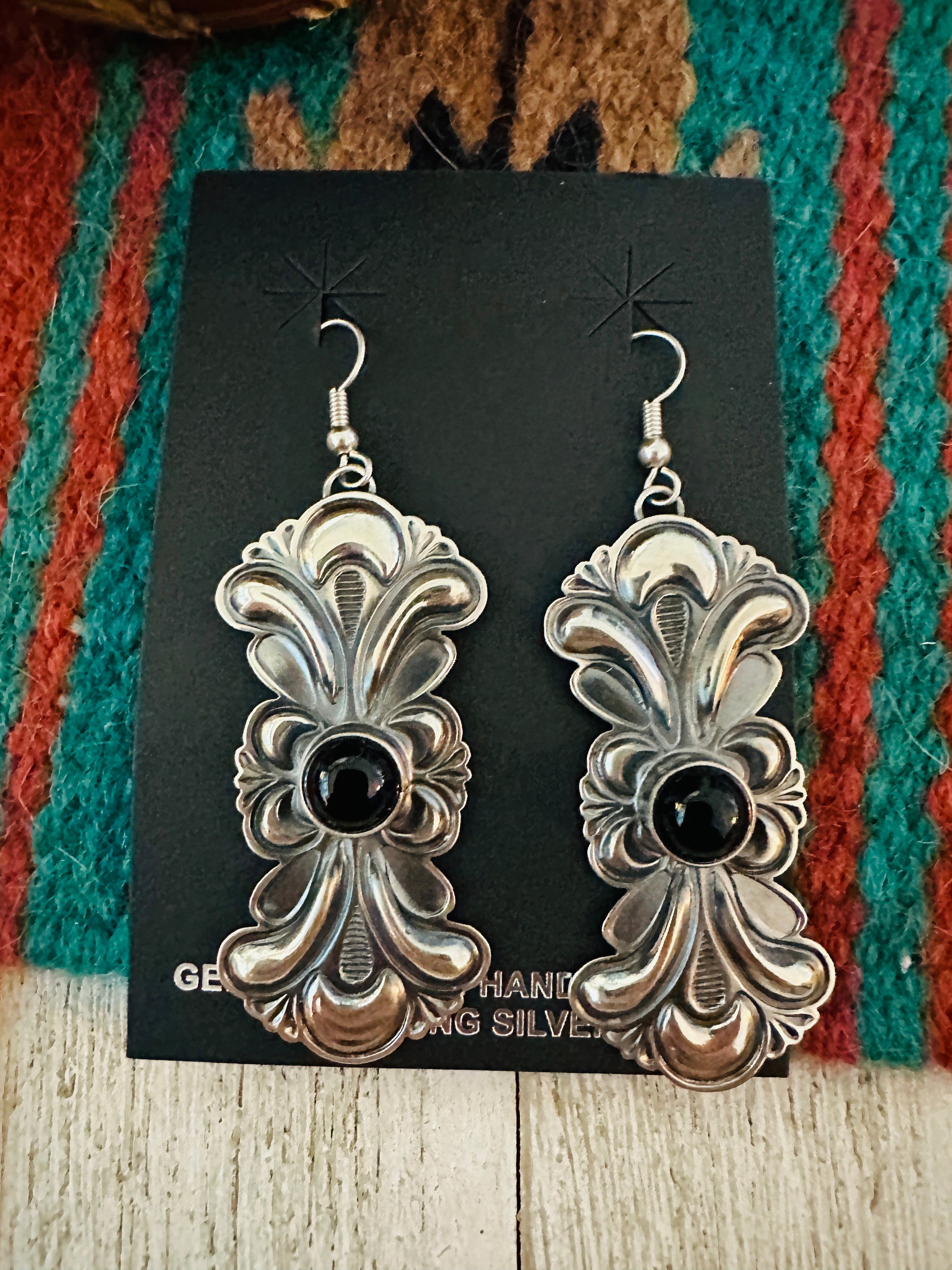 Navajo Hand Stamped Sterling Silver & Onyx Concho Dangle Earrings