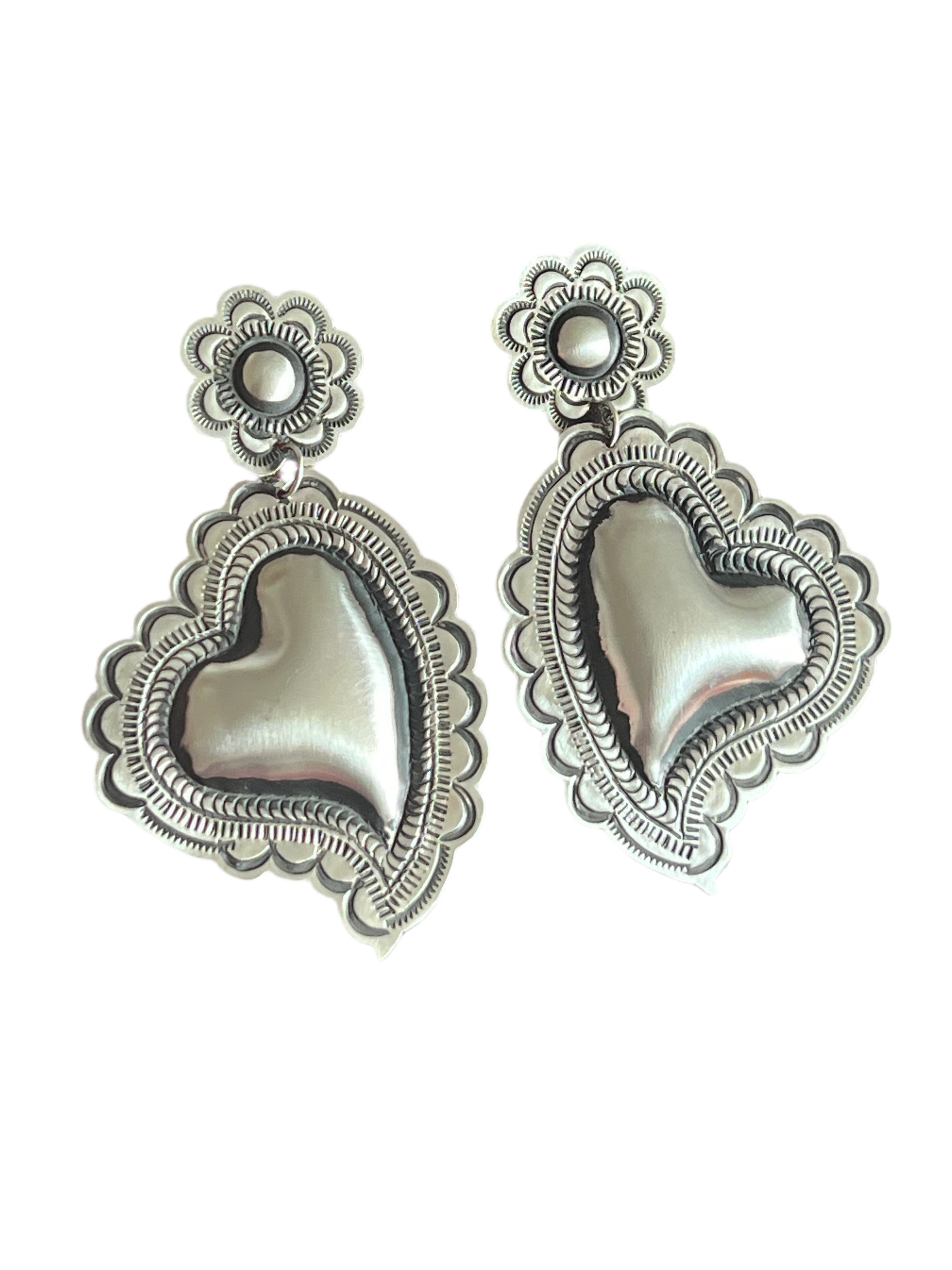 Handcrafted crafted Sterling Silver Stamped Repousse Heart Earrings by Leander Tahe, AH1