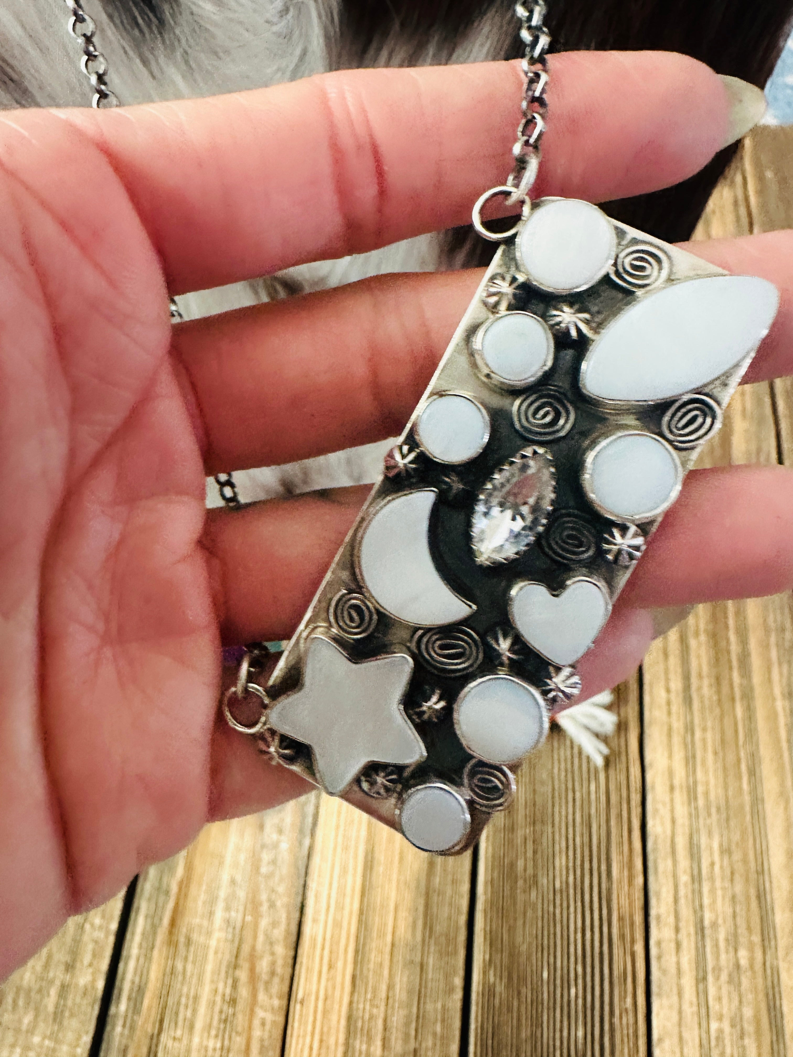 Handcrafted Mother of Pearl, CZ & Sterling Silver Bar Necklace by Jacqueline Silver