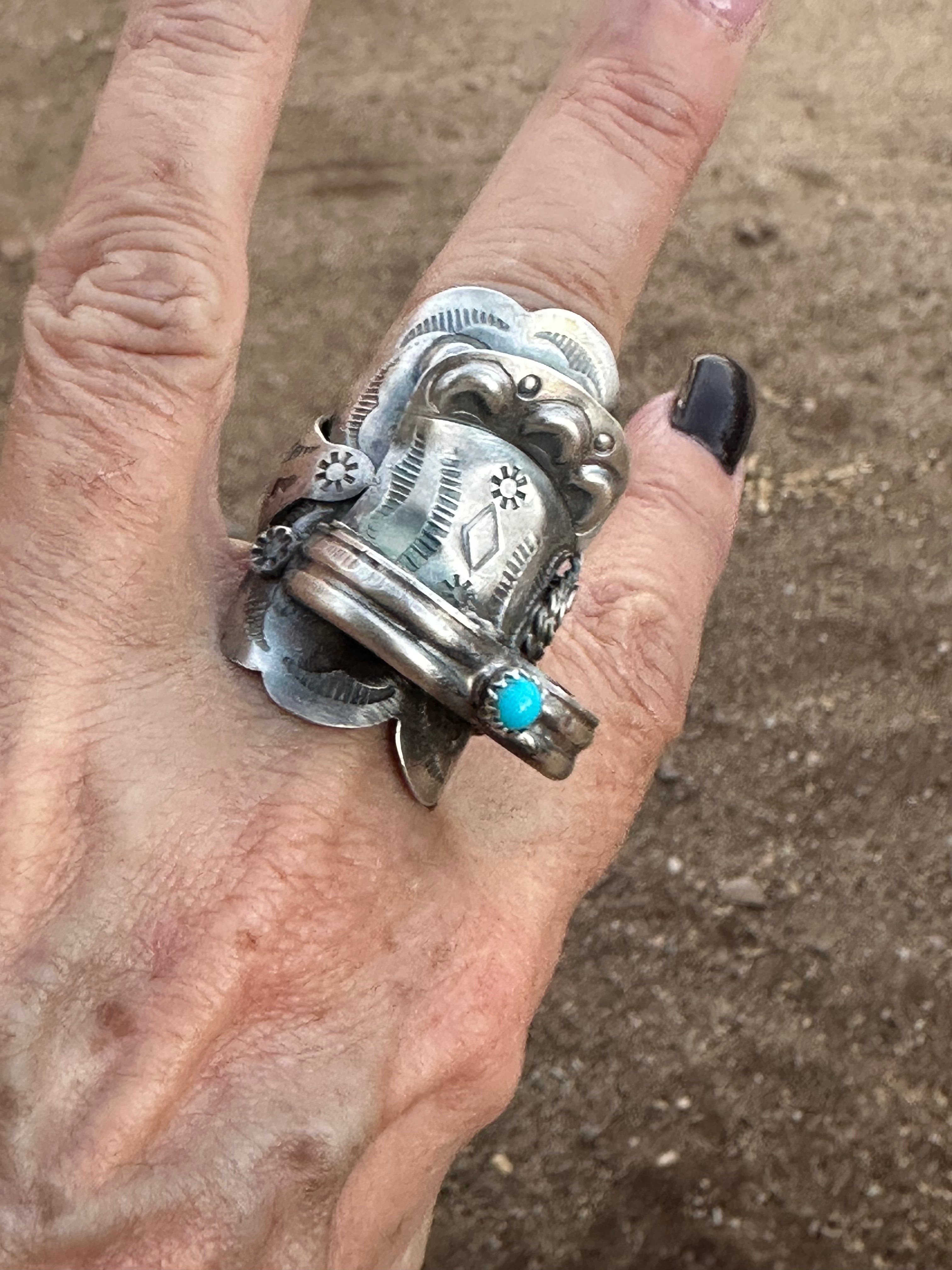 Navajo Tim Yazzie Sterling Silver and Turquoise Saddle Ring