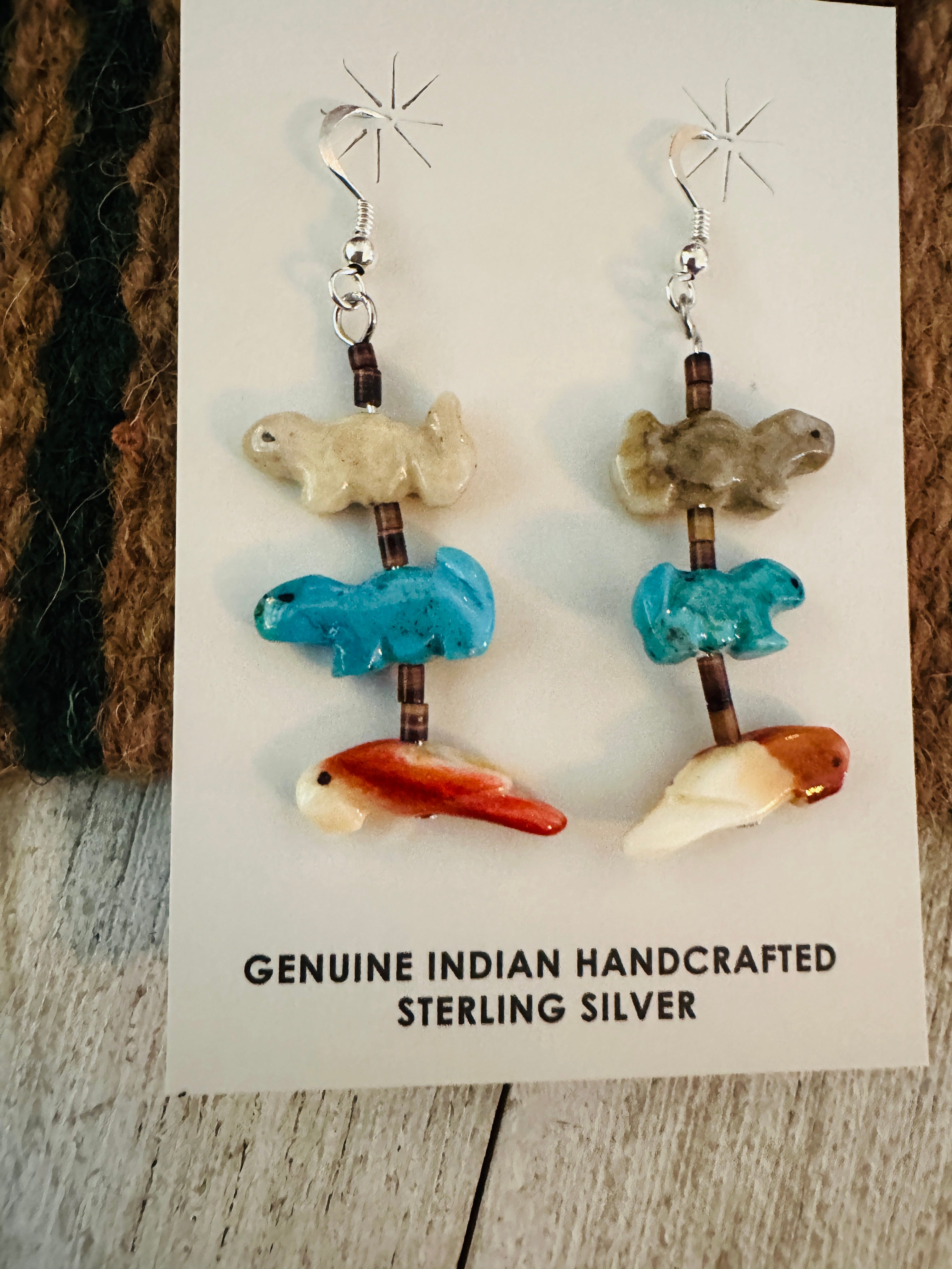 Zuni Multi Stone Beaded Fetish Dangle Earrings