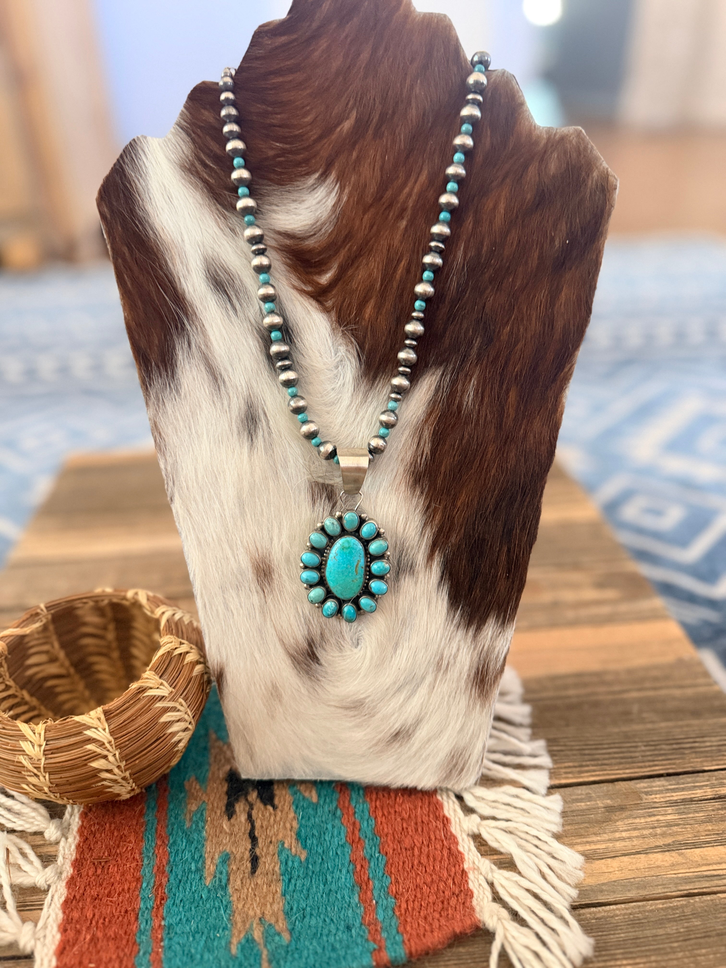 Handcrafted Turquoise & Sterling Silver Cluster Beaded Necklace by Sheila Becenti