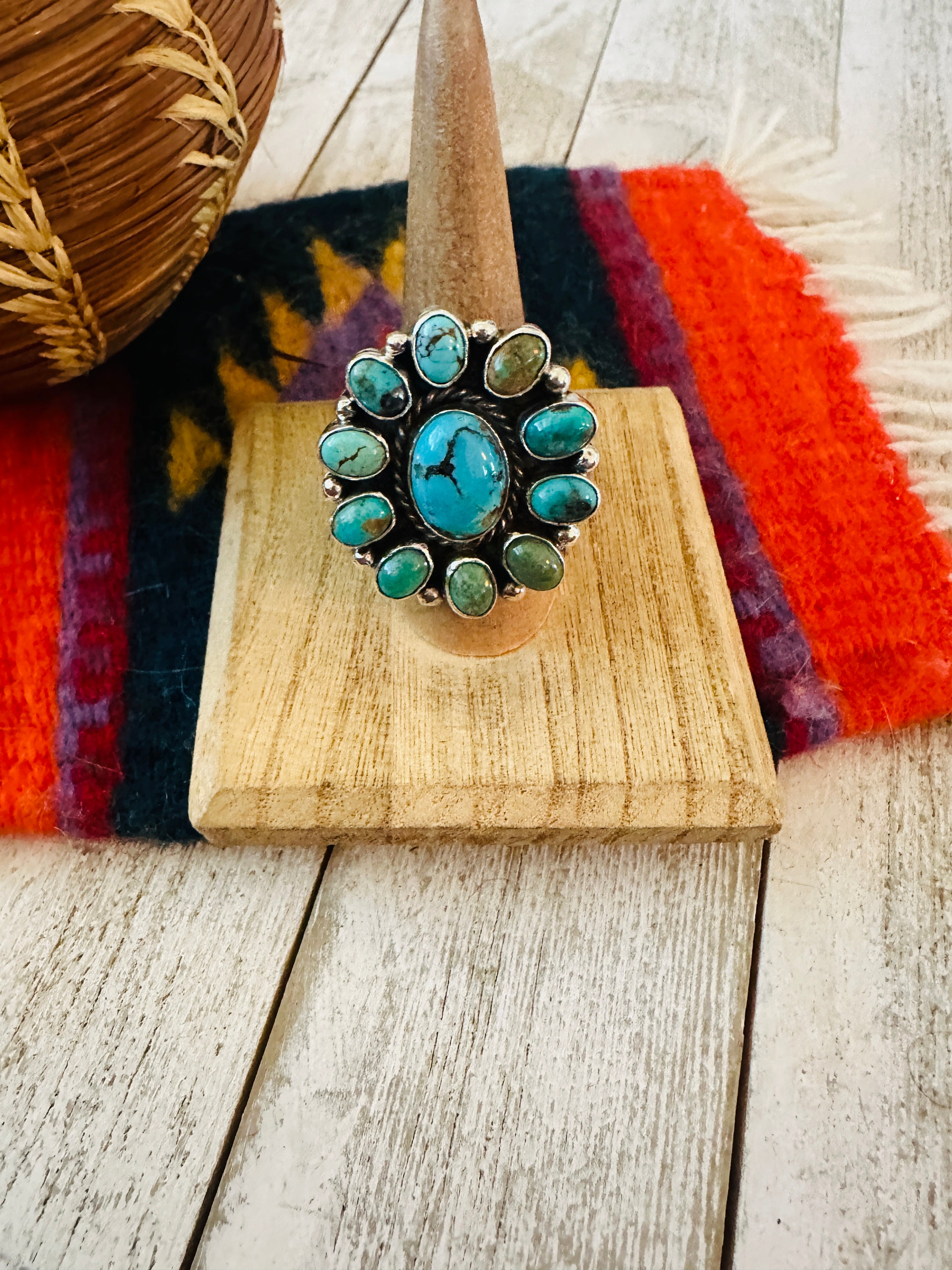 Navajo Sterling Silver & Turquoise Cluster Adjustable Ring