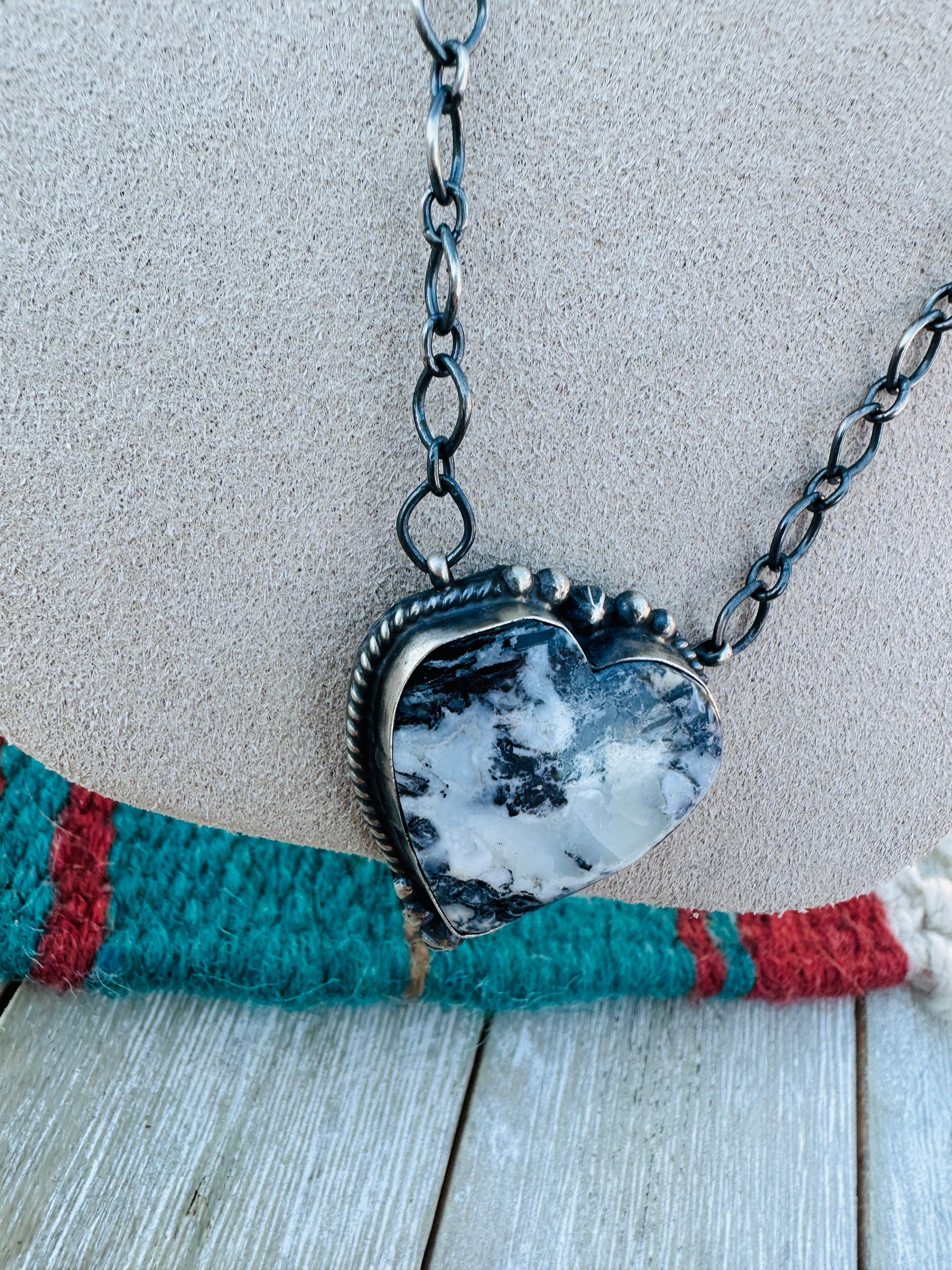 Handcrafted Sterling Silver 18” Link Chain & White Buffalo Heart Necklace