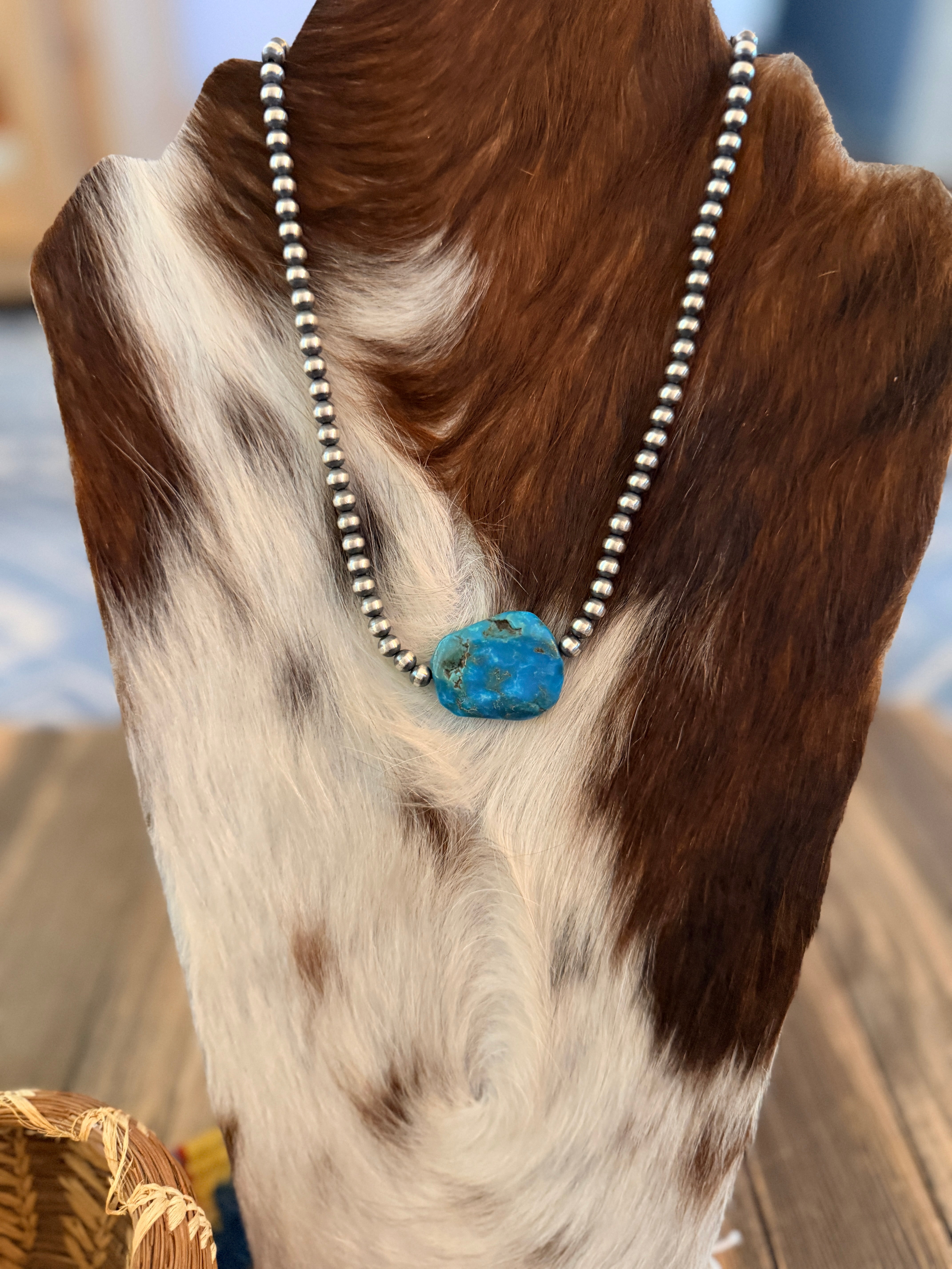 Handcrafted Kingman Turquoise & Sterling Silver Pearl 18” Beaded Necklace