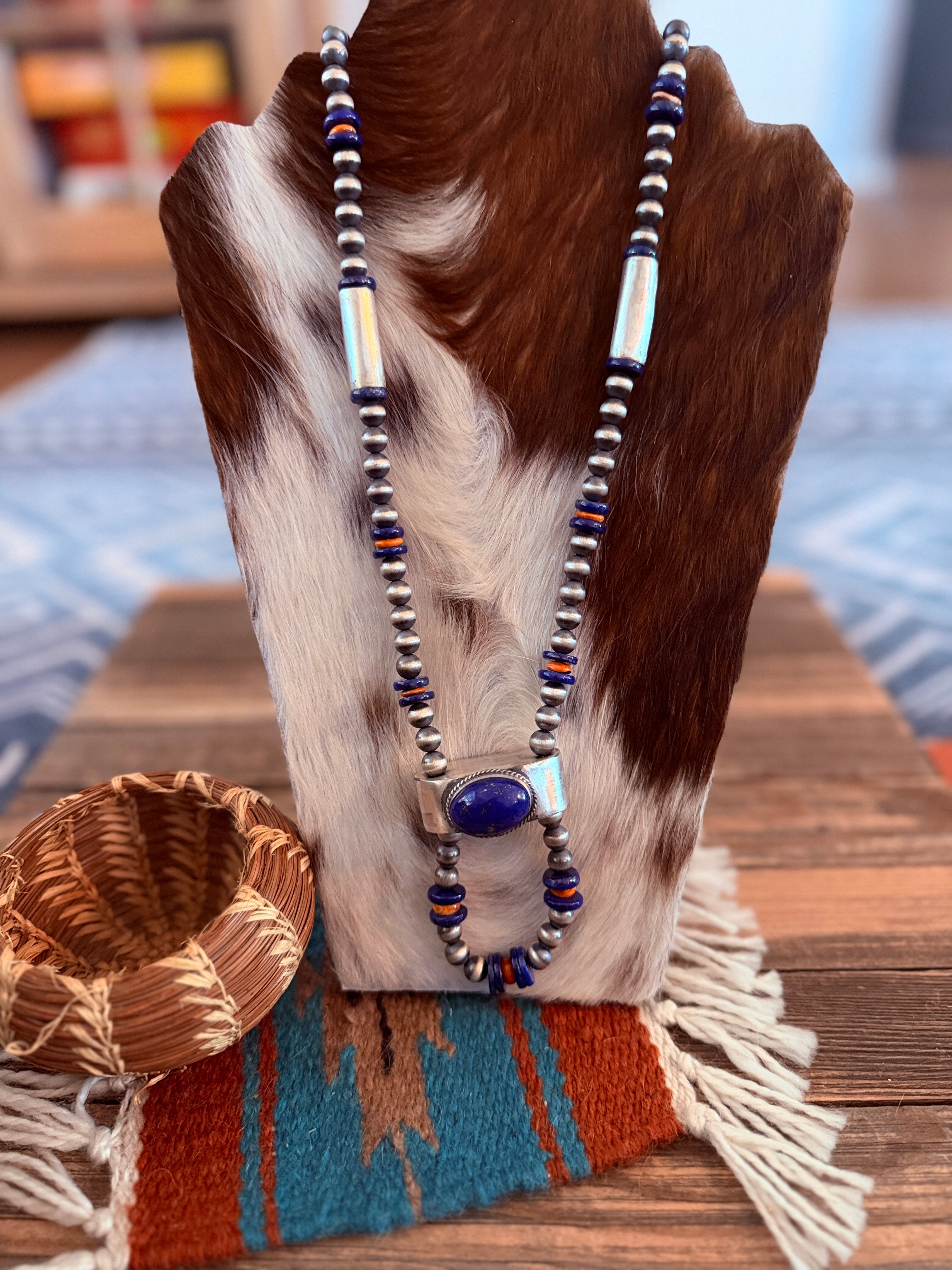 Handcrafted Lapis, Spiny & Sterling Silver Beaded Jacla Necklace