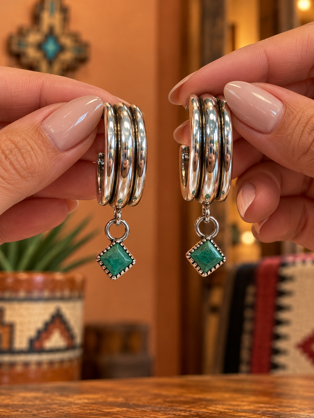 Handcrafted Sterling Silver Hoop Earrings With Turquoise Charm