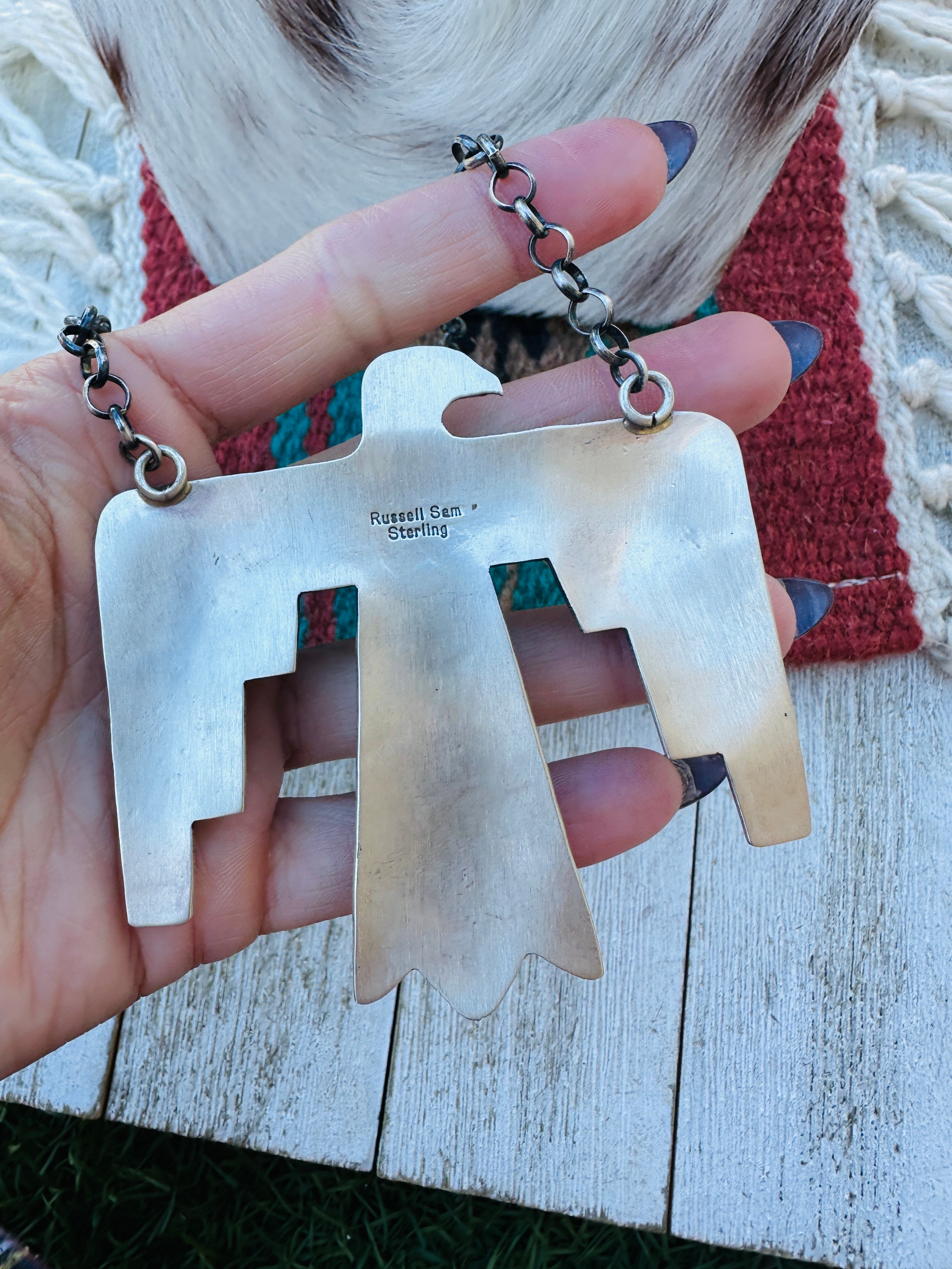 Handcrafted Sonoran Gold Turquoise & Sterling Silver Thunderbird Necklace by Russell Sam