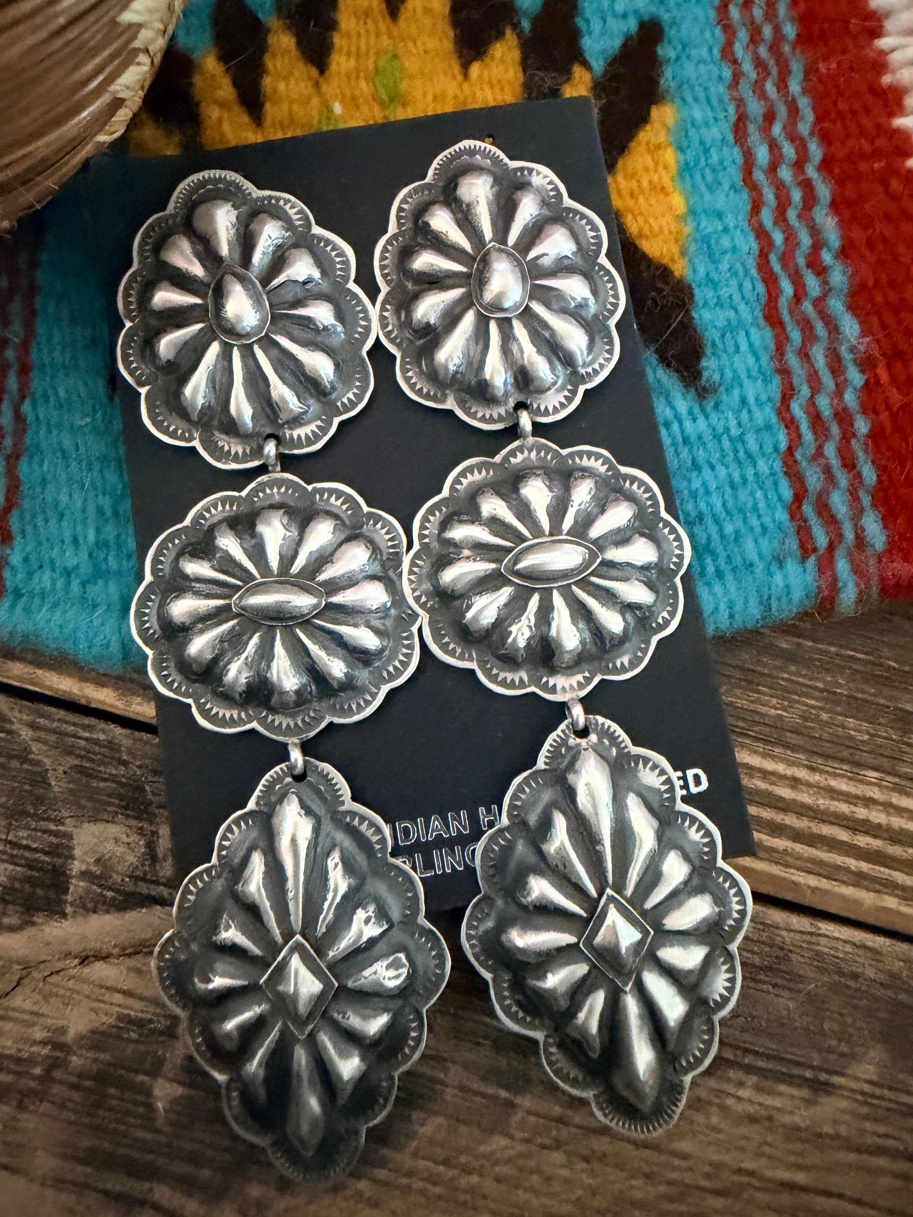 Handcrafted Sterling Silver Concho Dangle Earrings by Rita Lee