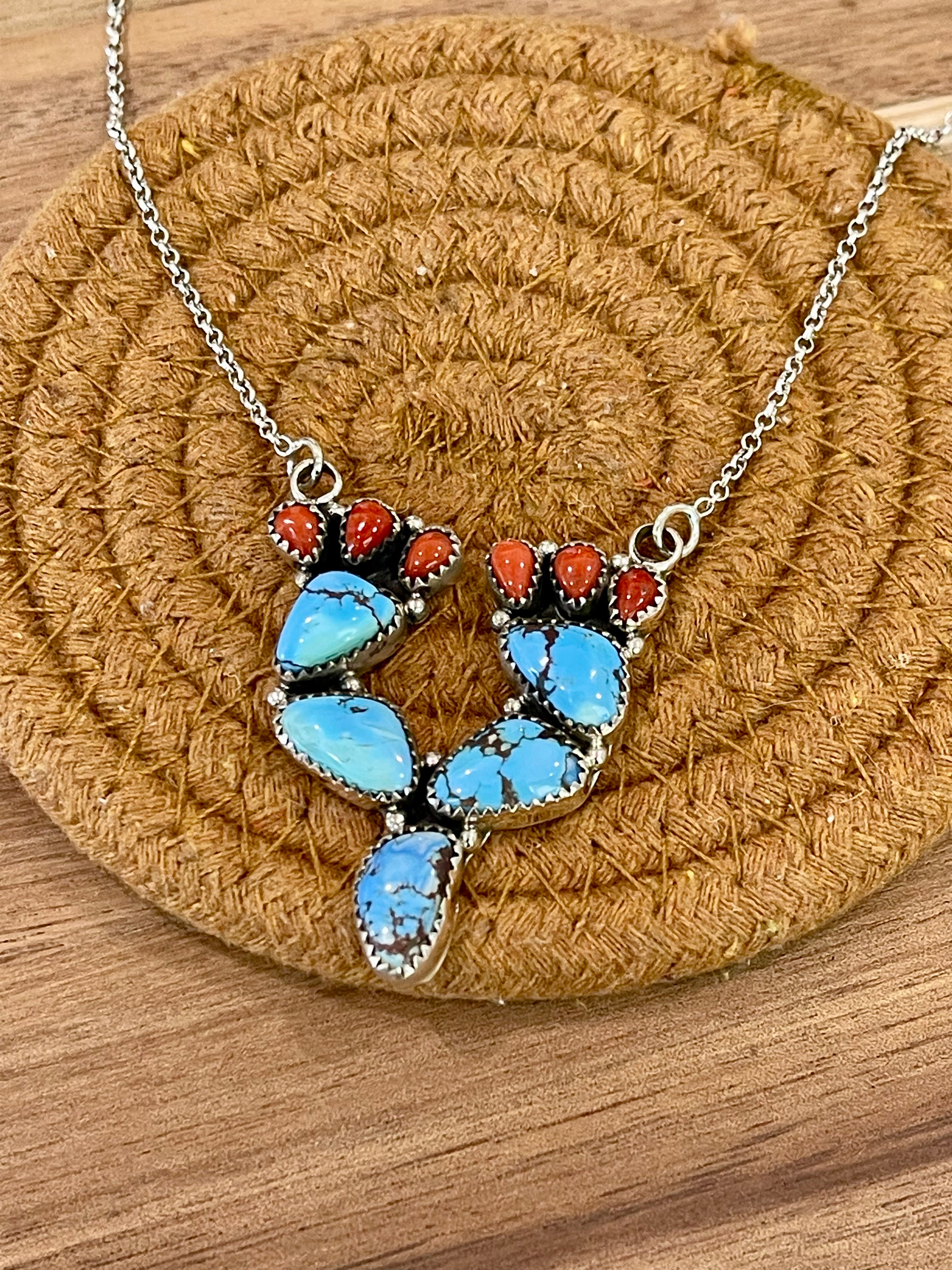 Handmade Sterling Silver, Golden Hills Turquoise & Coral Necklace Signed Nizhoni