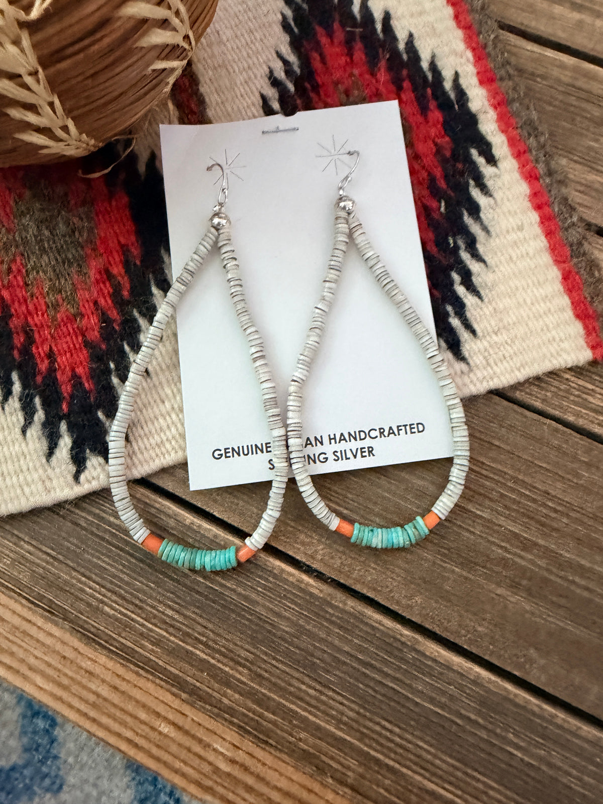 Handcrafted Heishi Shell, Turquoise & Spiny Beaded Dangle Hoop Earrings