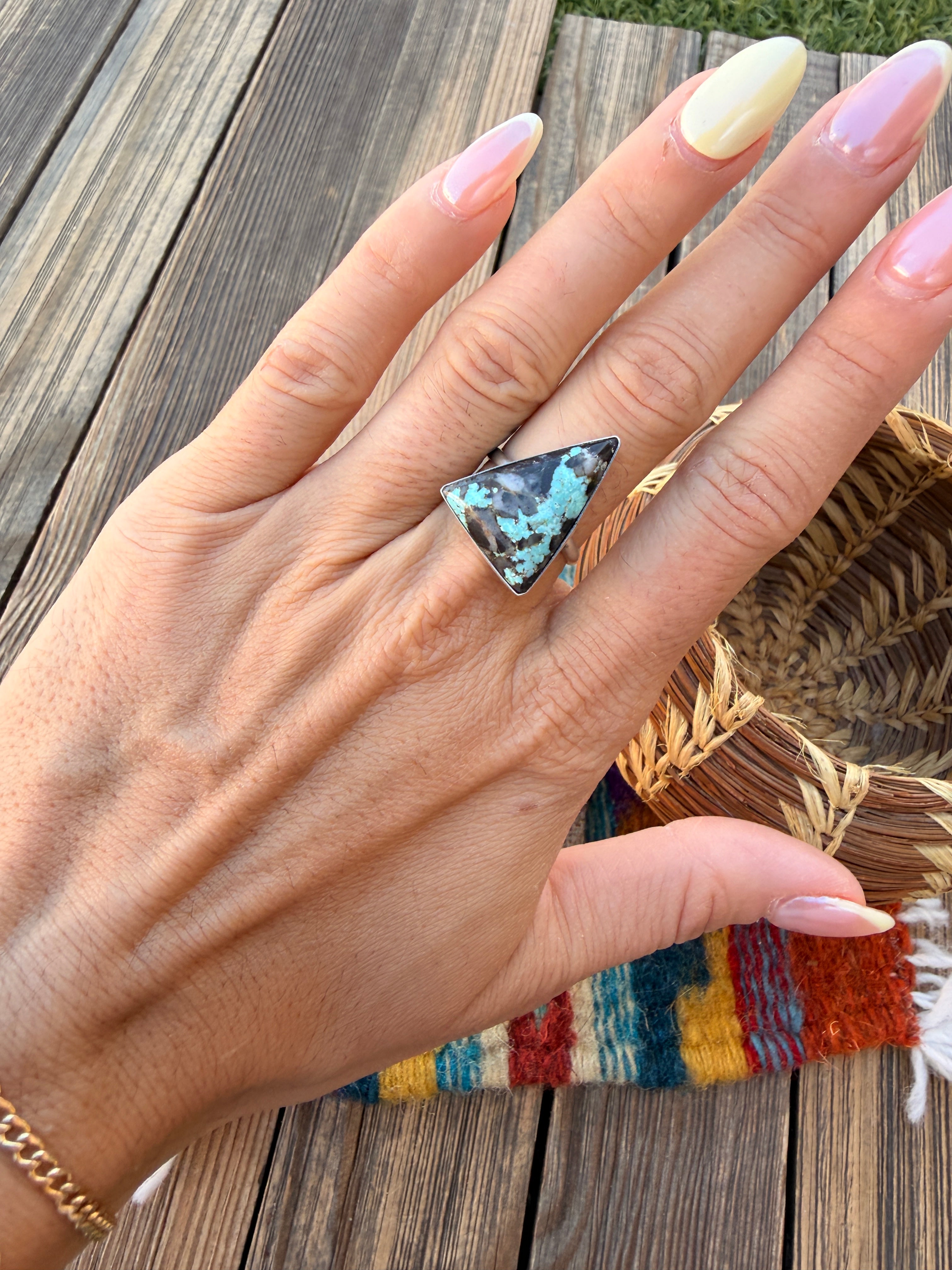 Handcrafted Turquoise & Sterling Silver Ring Size 6.75