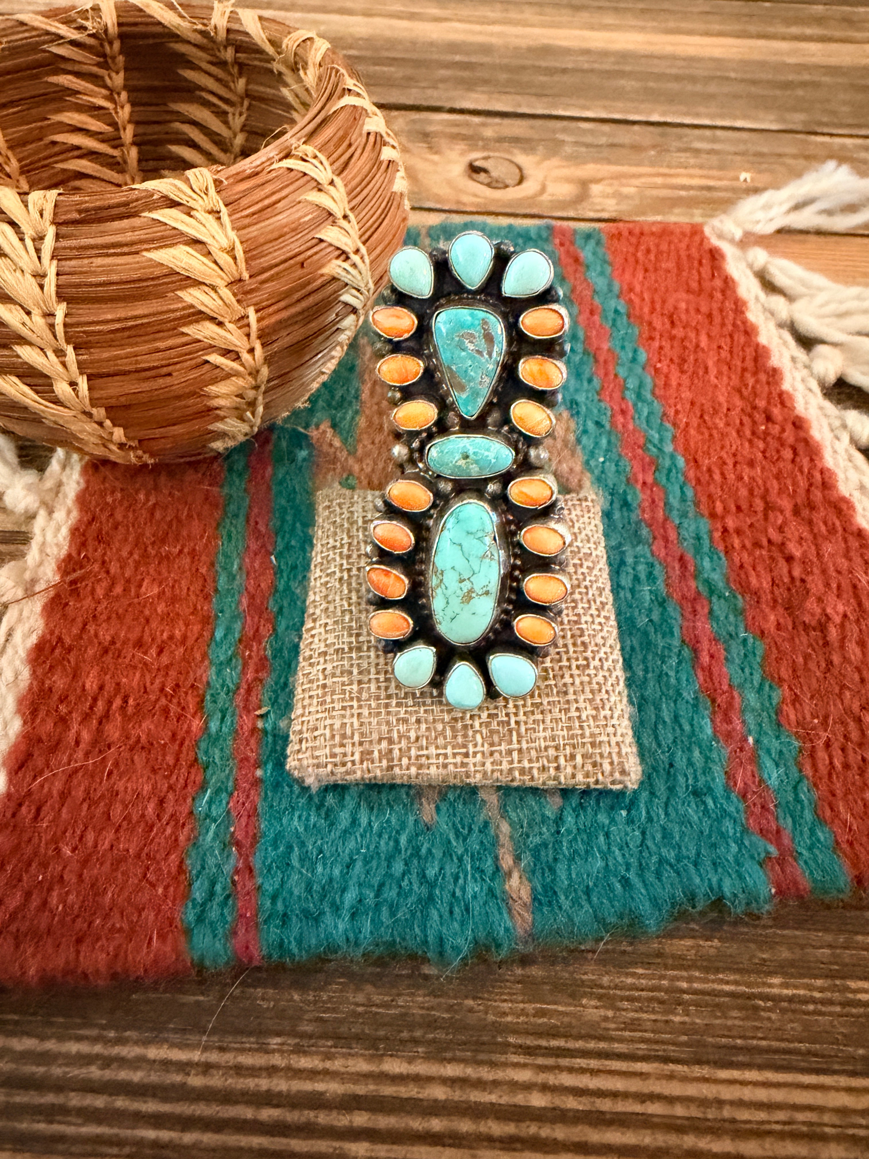 Handcrafted Spiny Oyster, Turquoise & Sterling Silver Cluster Ring by Sheila Becenti Size 7.5