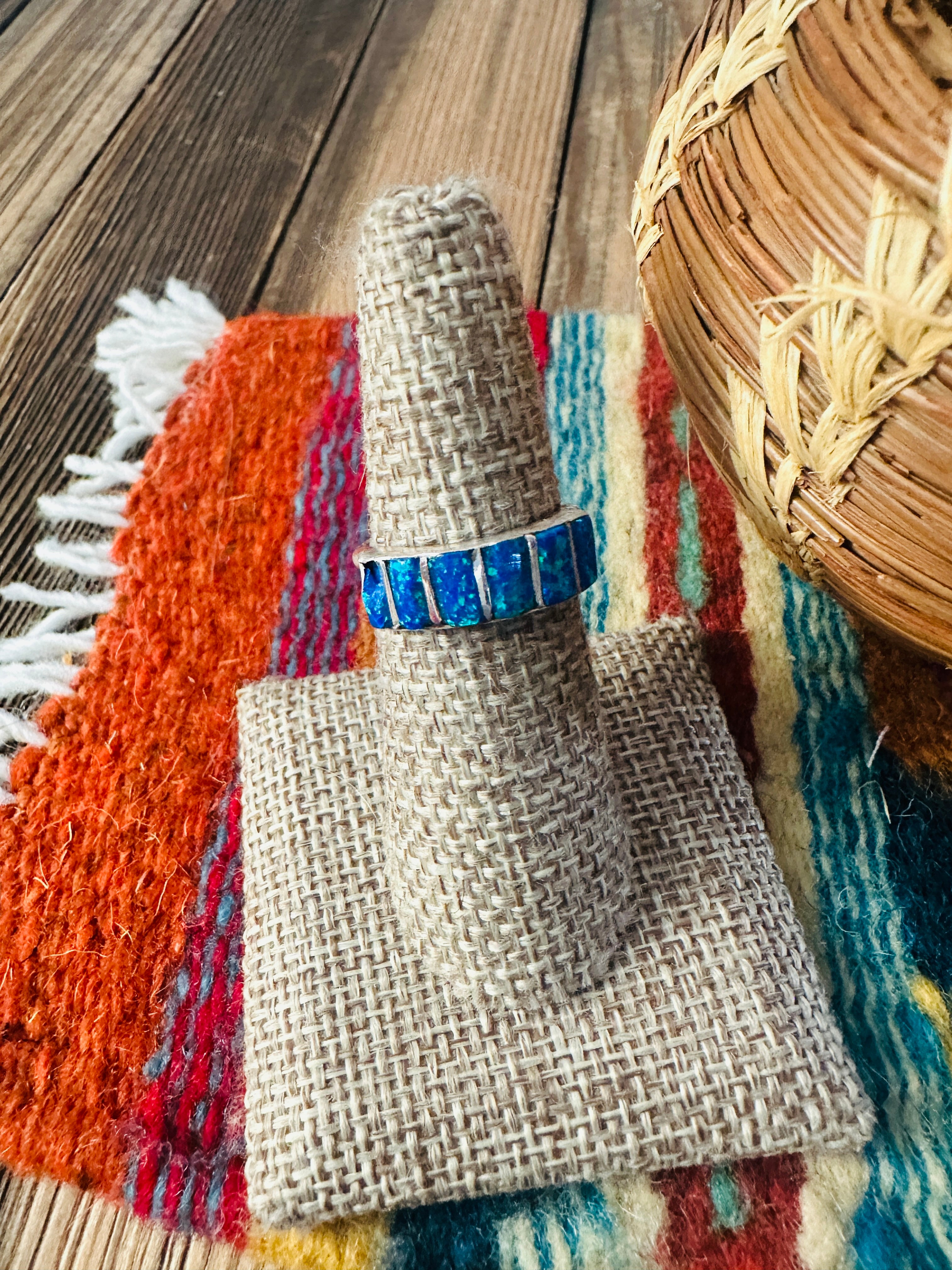 Handcrafted Sterling Silver & Blue Opal Inlay Ring Size 6.5