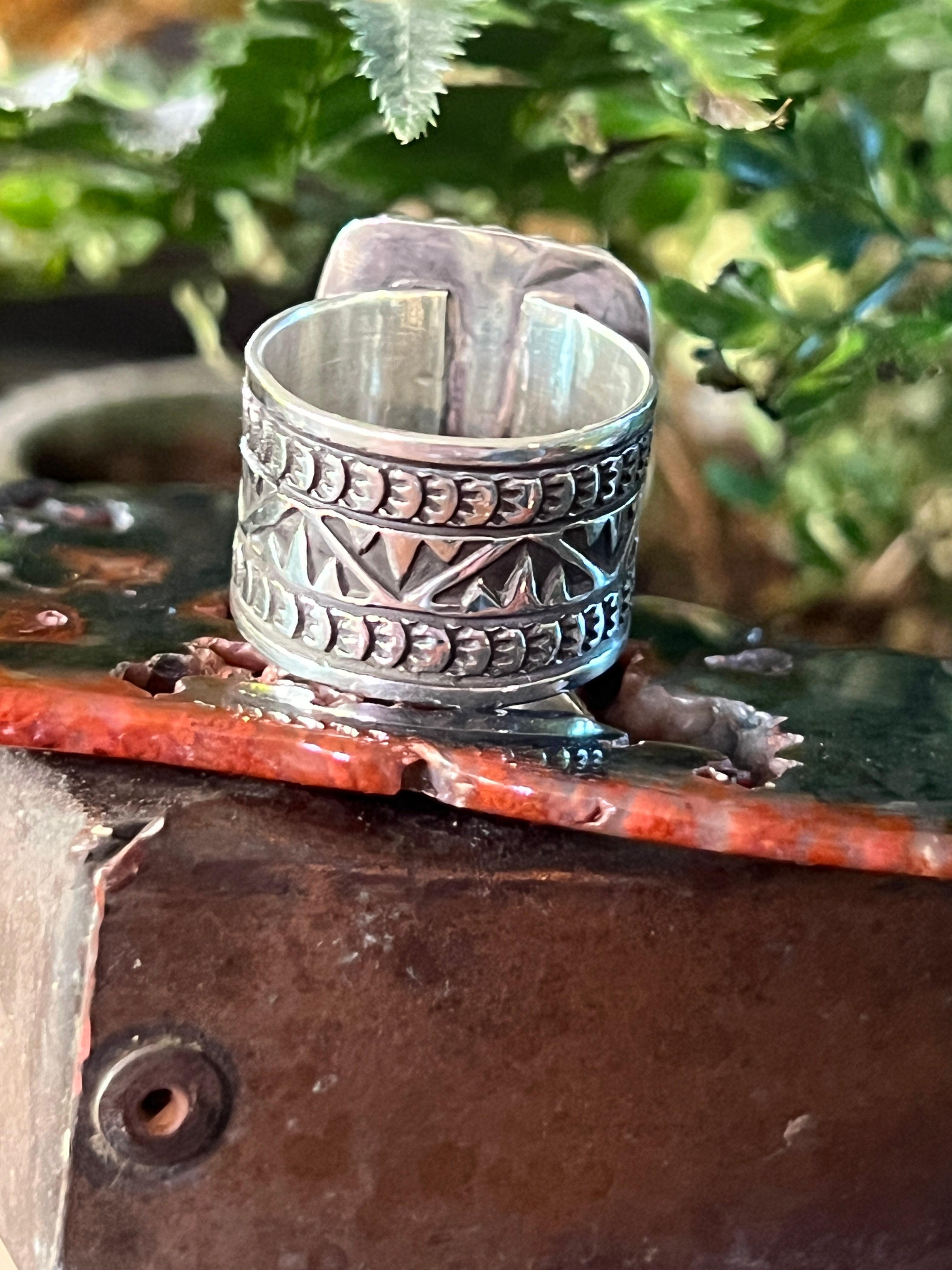 Handcrafted Hand Stamped Sterling Silver Wide Shank Ring with Egyptian Turquoise by Shaun Rogers, Size 9