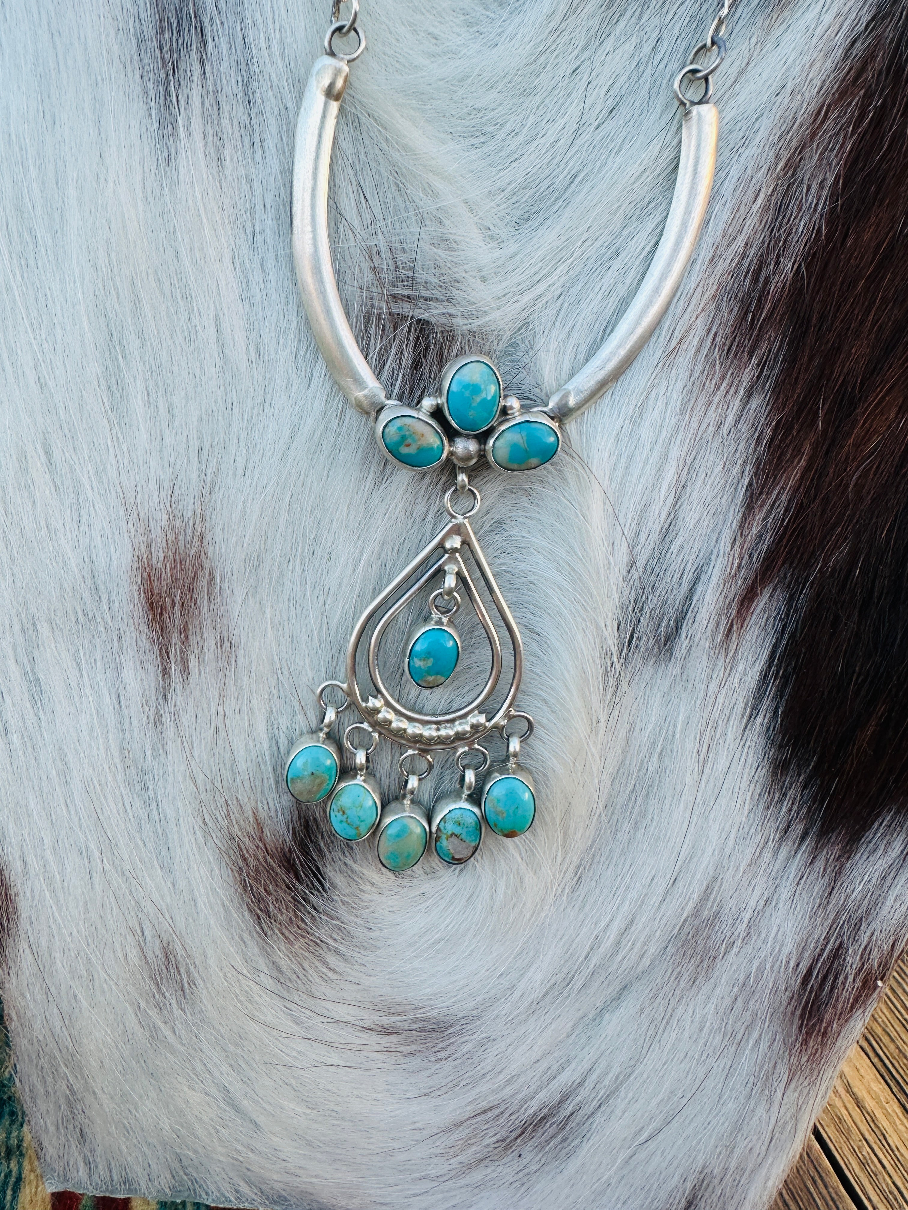 Handcrafted Turquoise & Sterling Silver Chandelier Necklace by Pearlene Spencer