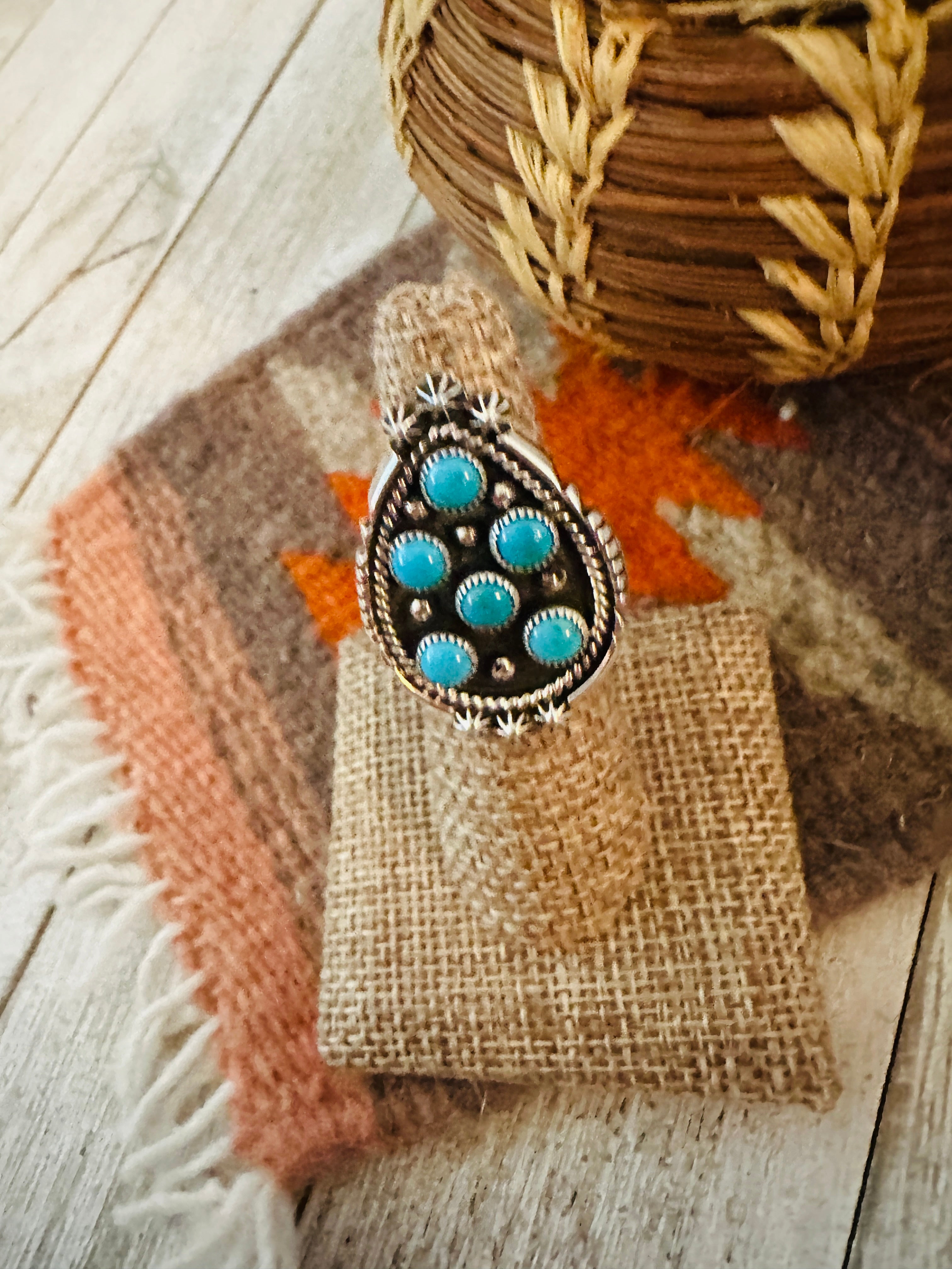 Handcrafted Turquoise & Sterling Silver Cluster Ring Size 5.5