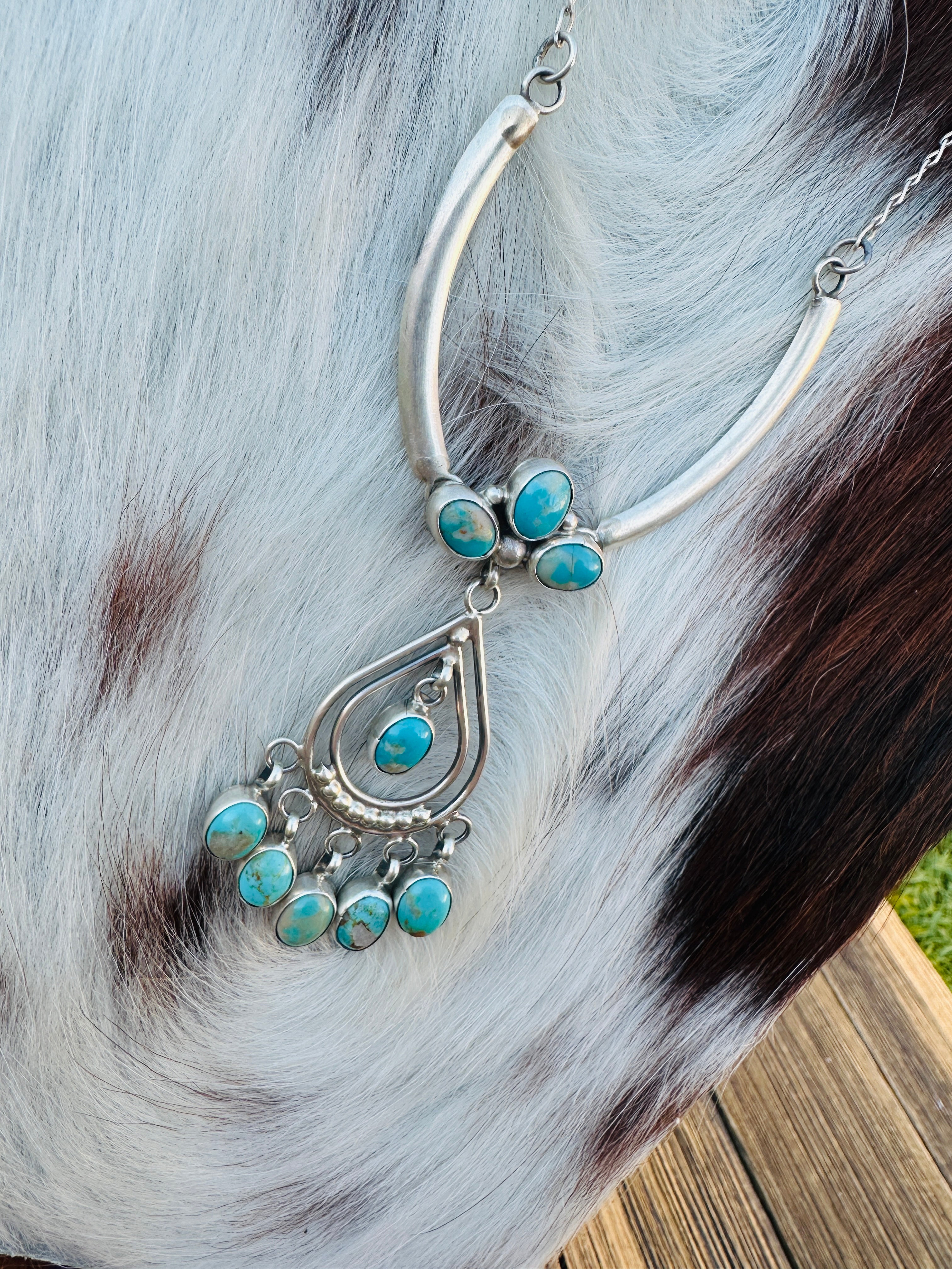 Handcrafted Turquoise & Sterling Silver Chandelier Necklace by Pearlene Spencer