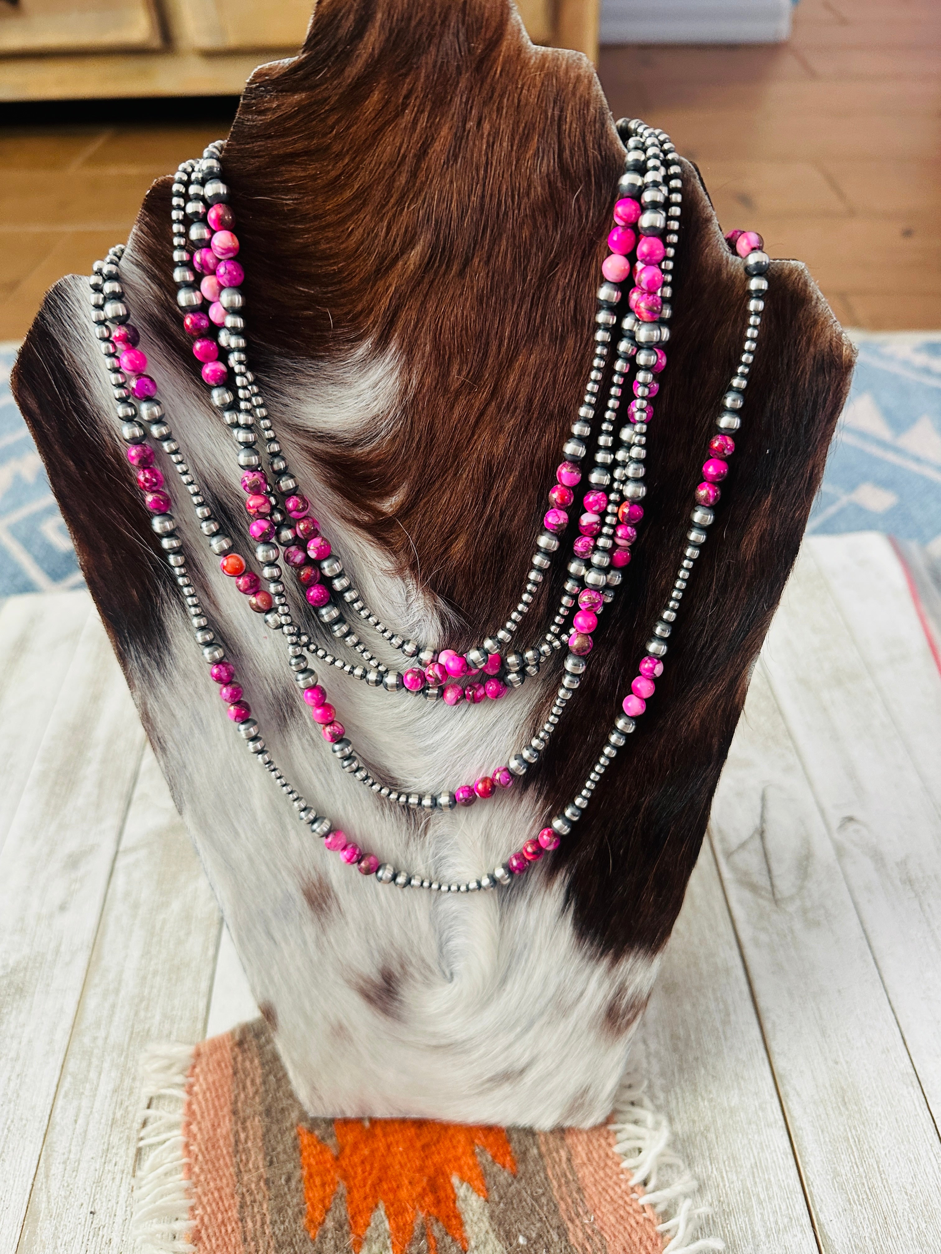 Handcrafted Sterling Silver & Pink Mojave Beaded Necklace