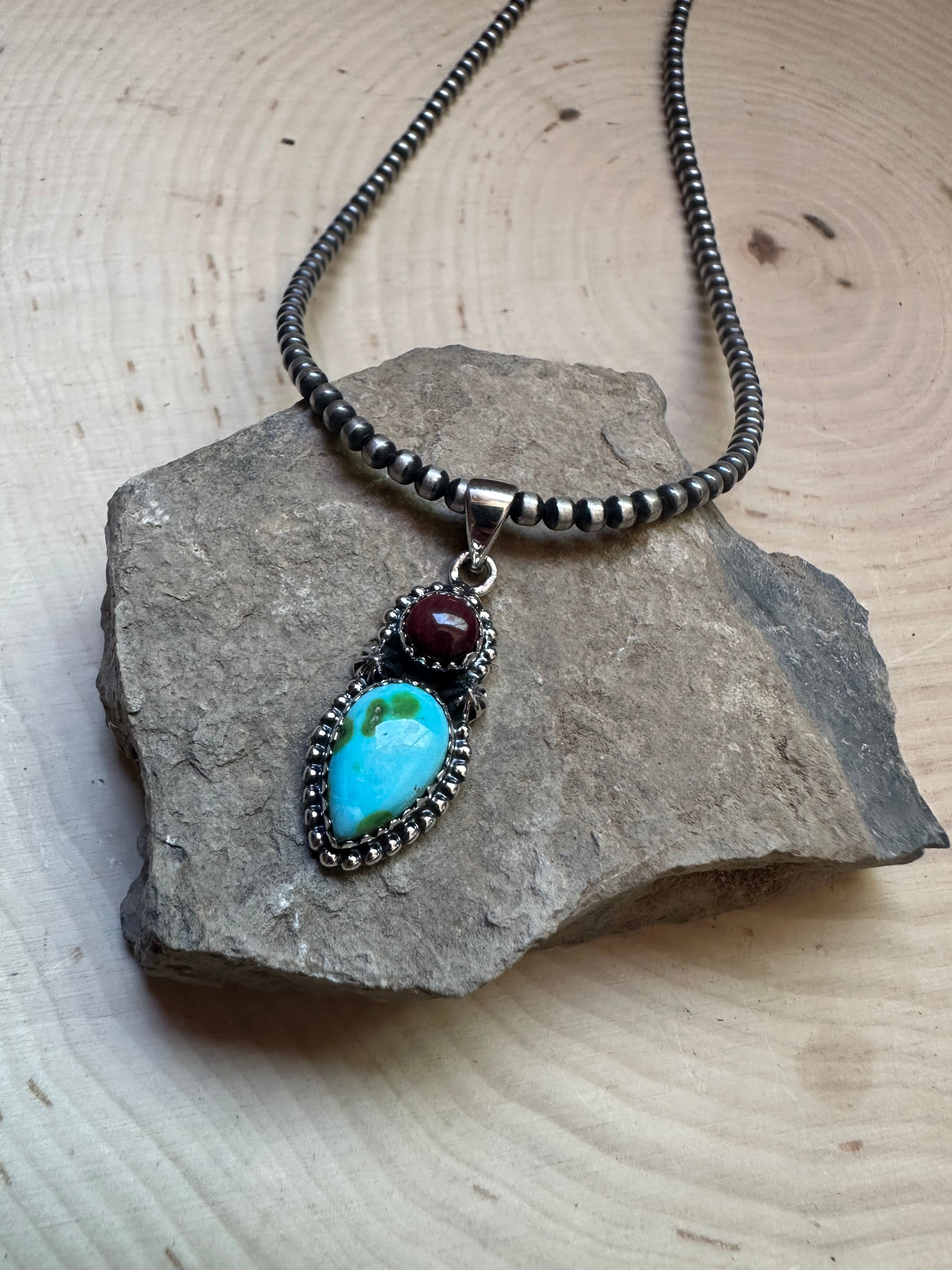 Handmade Purple Spiny, Sonoran Turquoise & Sterling Silver 2 Stone Pendant Signed Nizhoni