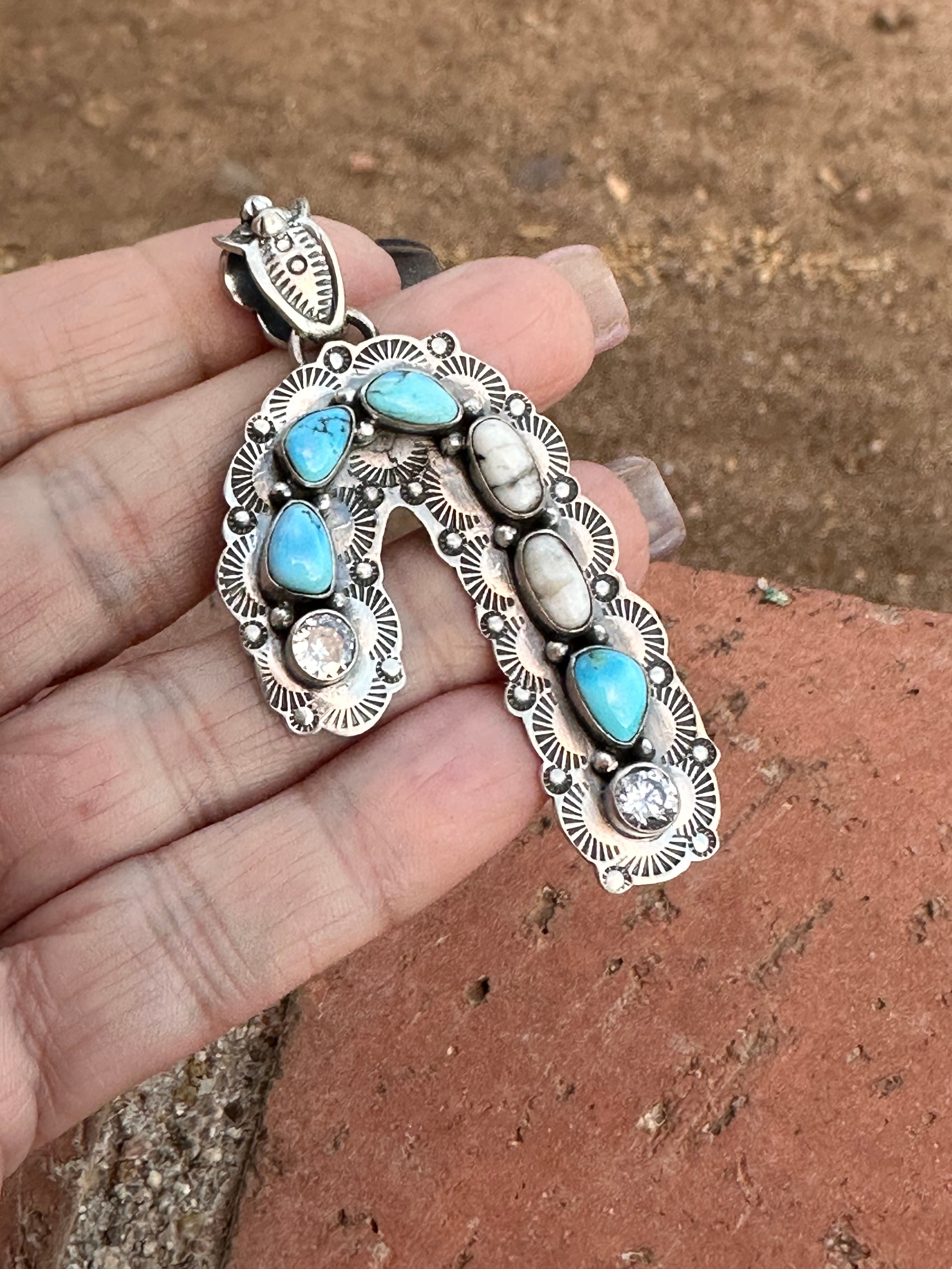 Handmade Sterling Silver White Buffalo & Golden Hills Turquoise Christmas Candy Cane Pendant