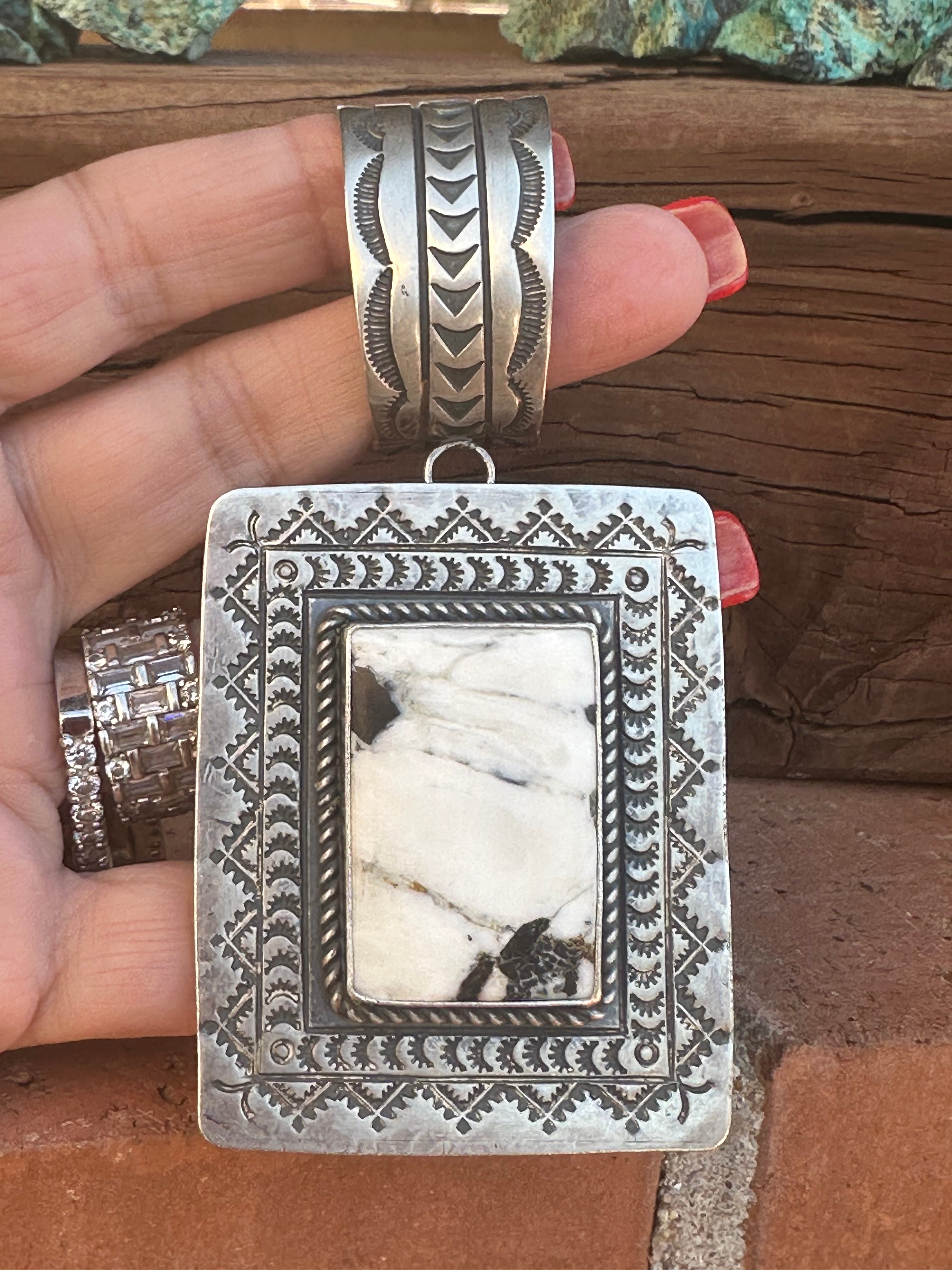 Navajo Hand Stamped Sterling Silver & White Buffalo Concho Pendant