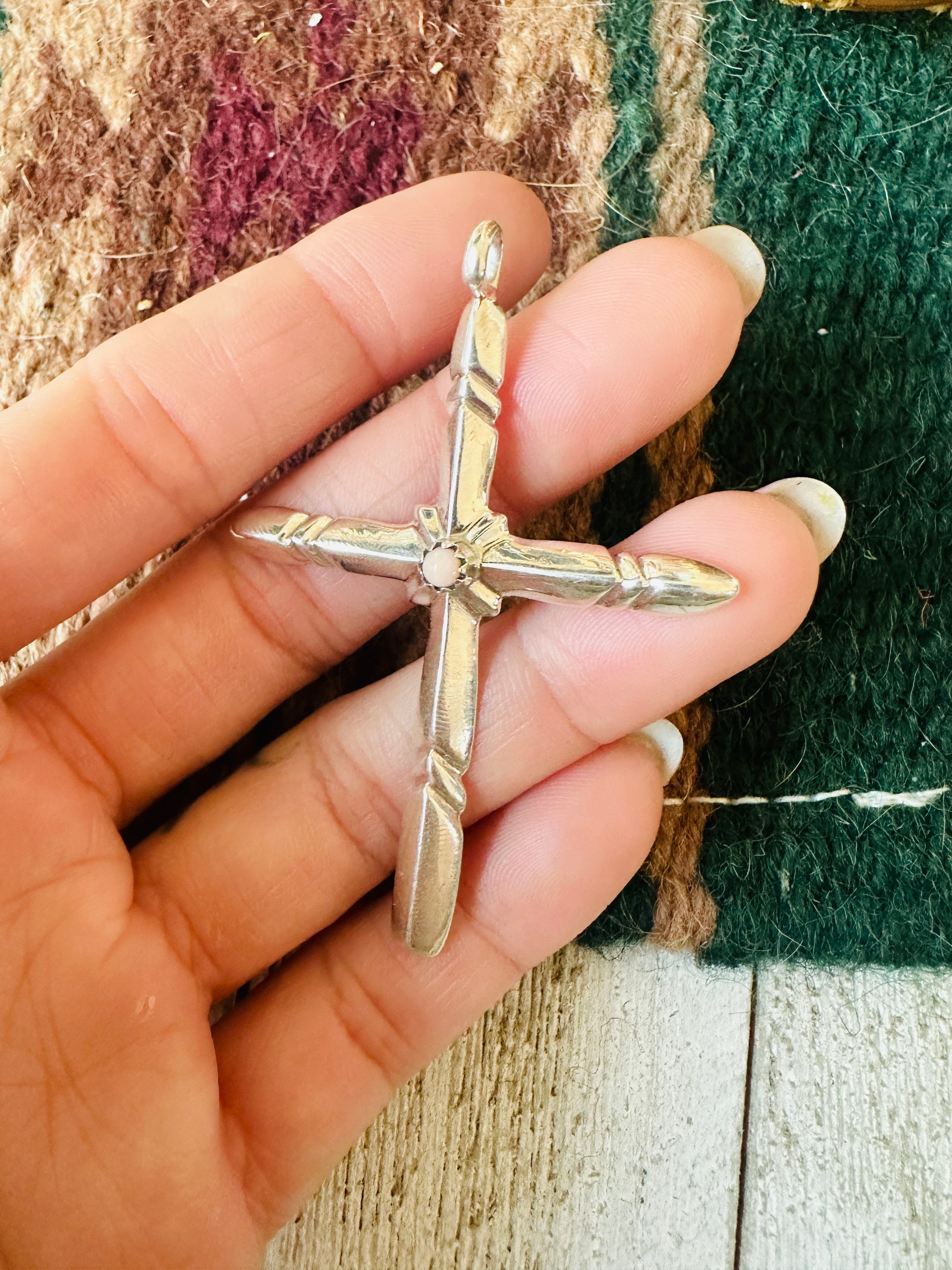 Navajo Queen Pink Conch Shell & Sterling Silver Cross Pendant