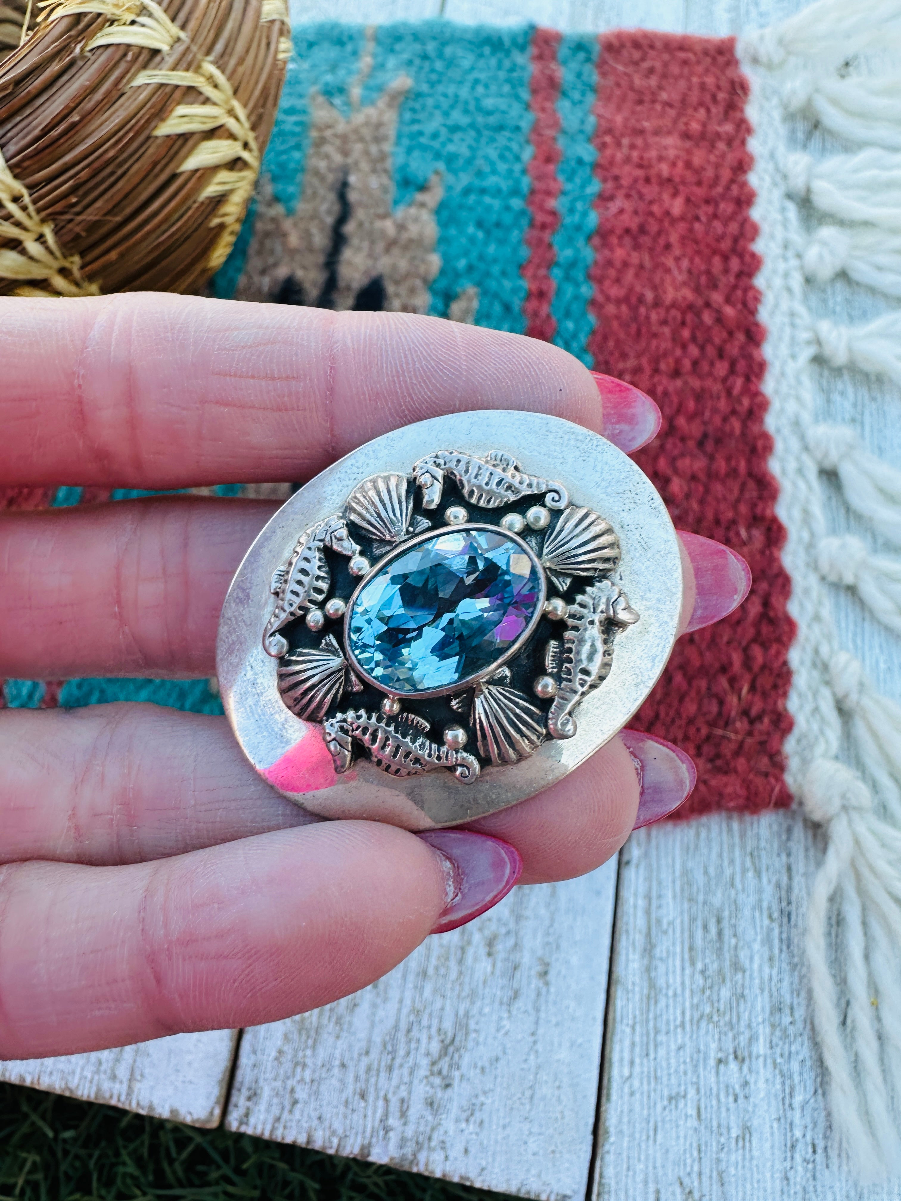 Handcrafted Old Pawn Sterling Silver & Topaz Seahorse Brooch