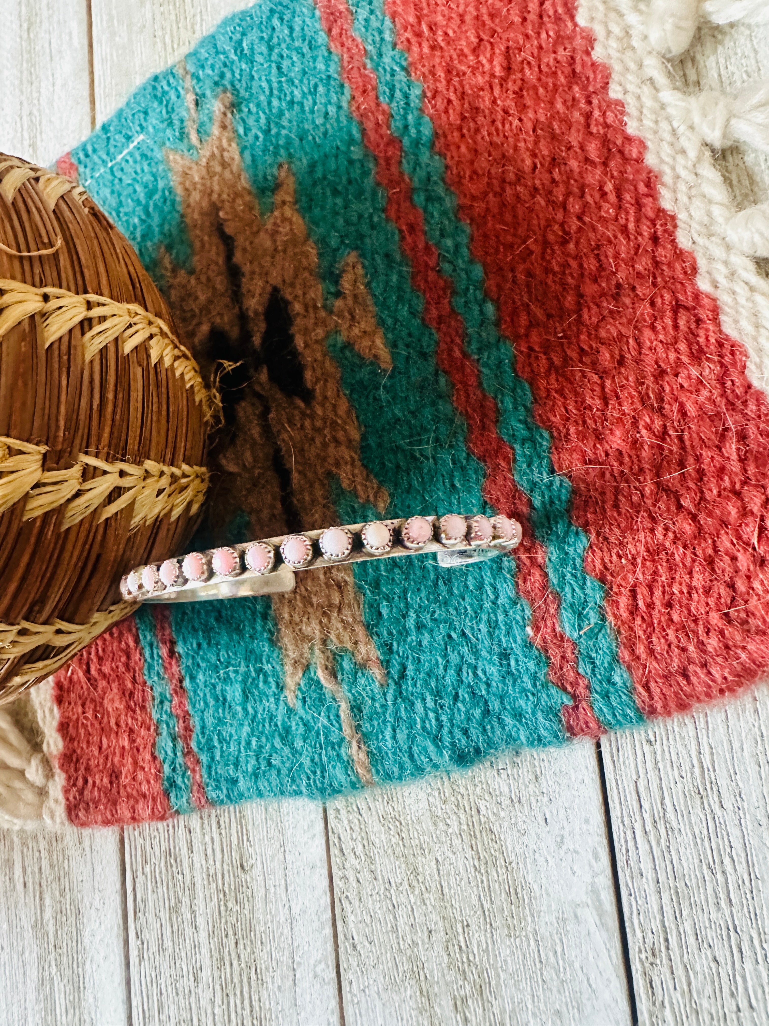 Handcrafted Queen Pink Conch & Sterling Silver Petit Point Cuff Bracelet