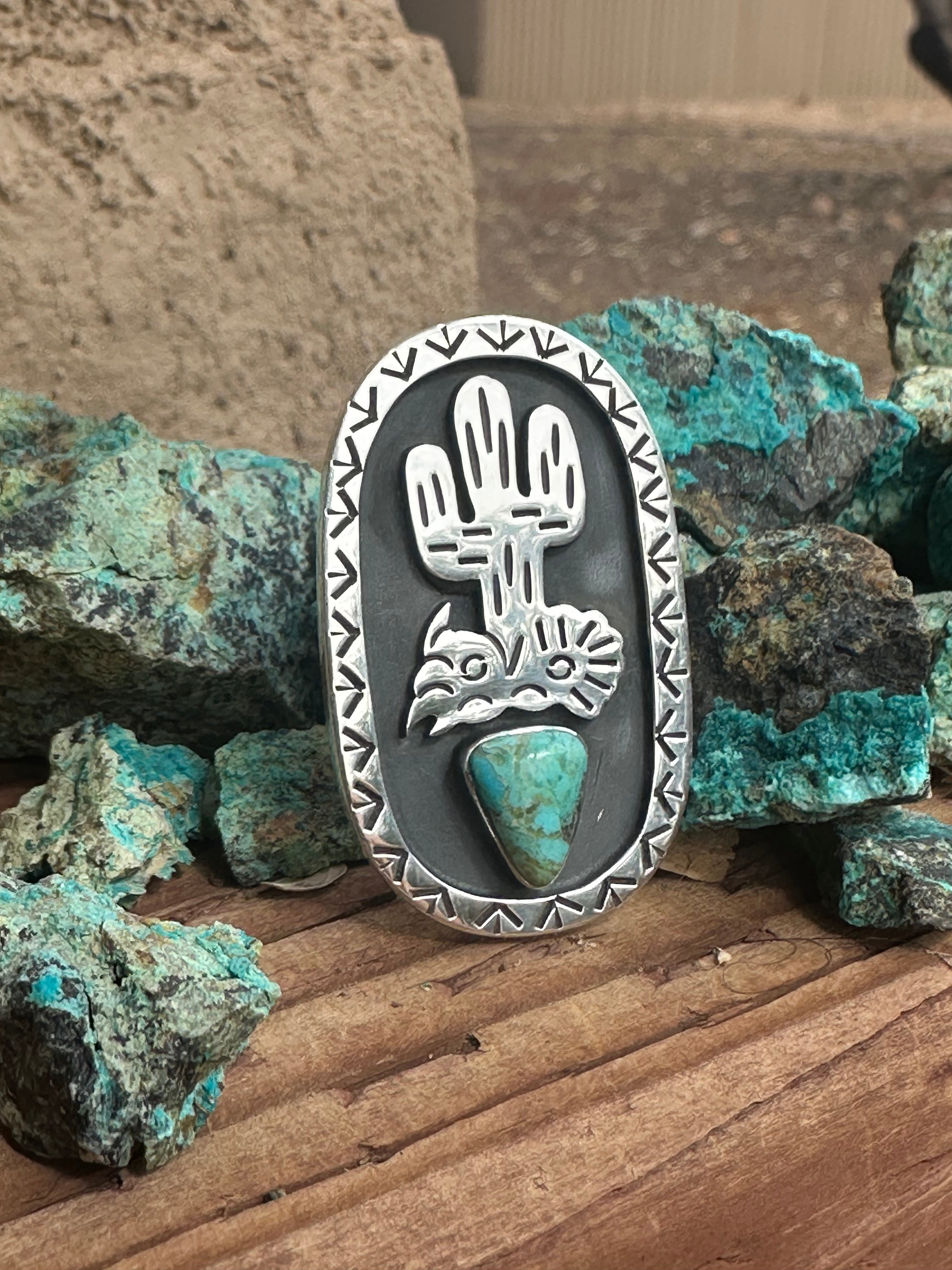 Handmade Kingman Turquoise And Sterling Silver Adjustable Cactus Ring