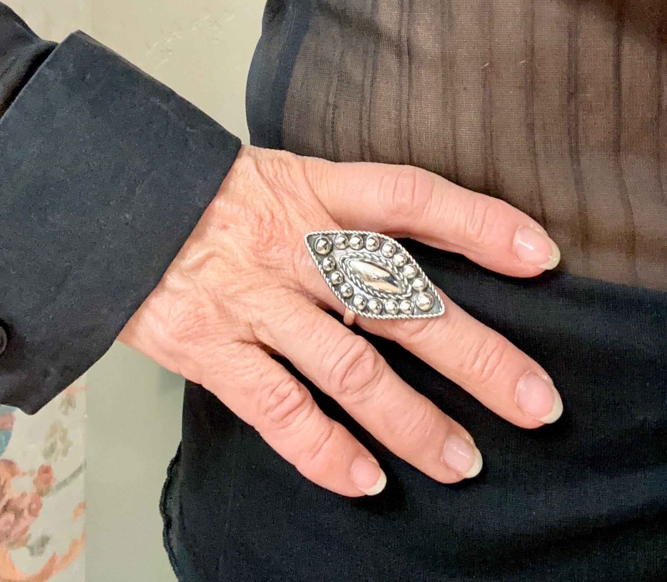 Sterling Silver Vintage Beaded Adjustable Marquise Ring