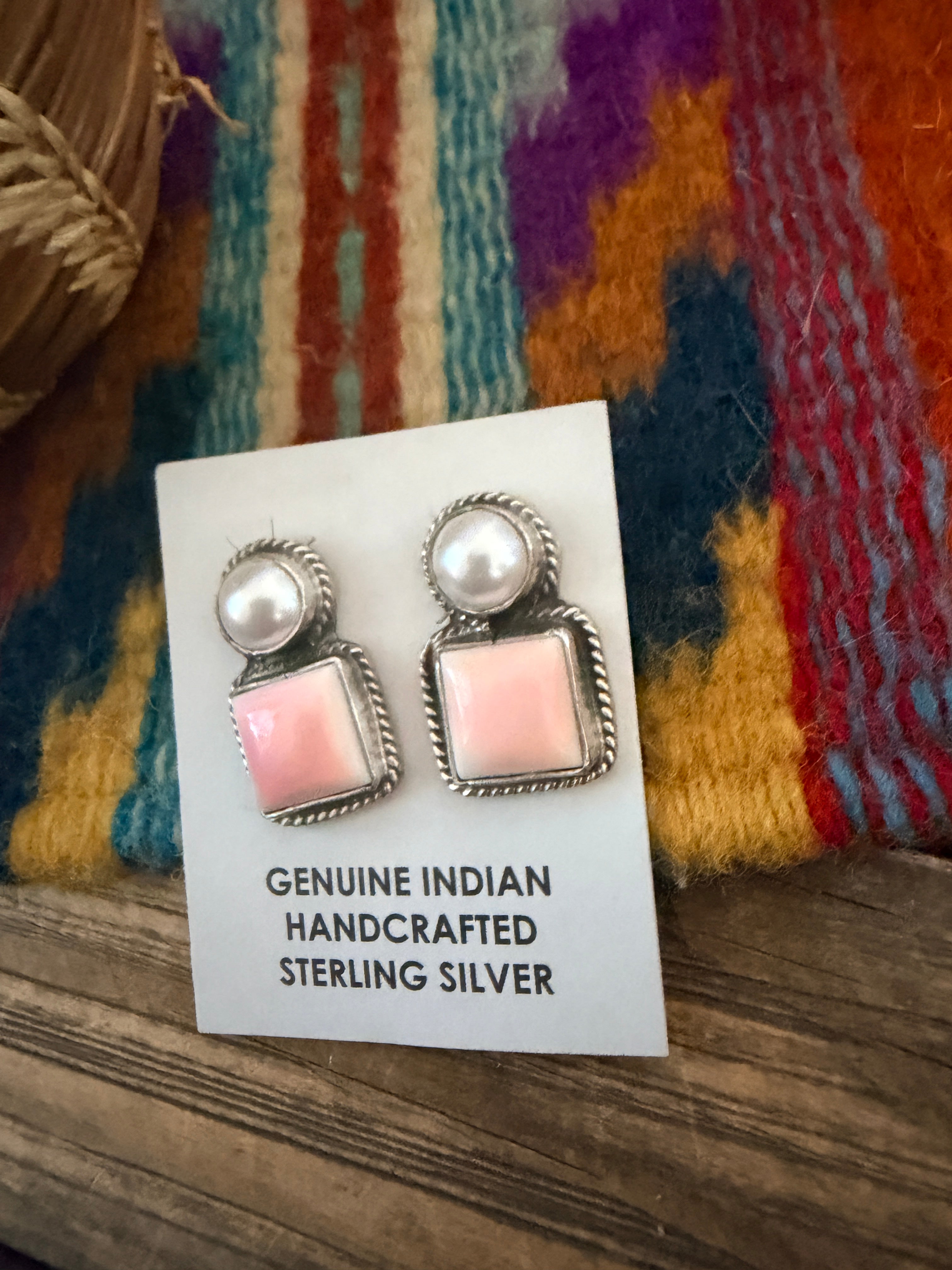 Handcrafted Queen Pink Conch, Pearl & Sterling Silver Post Earrings by Marcella James