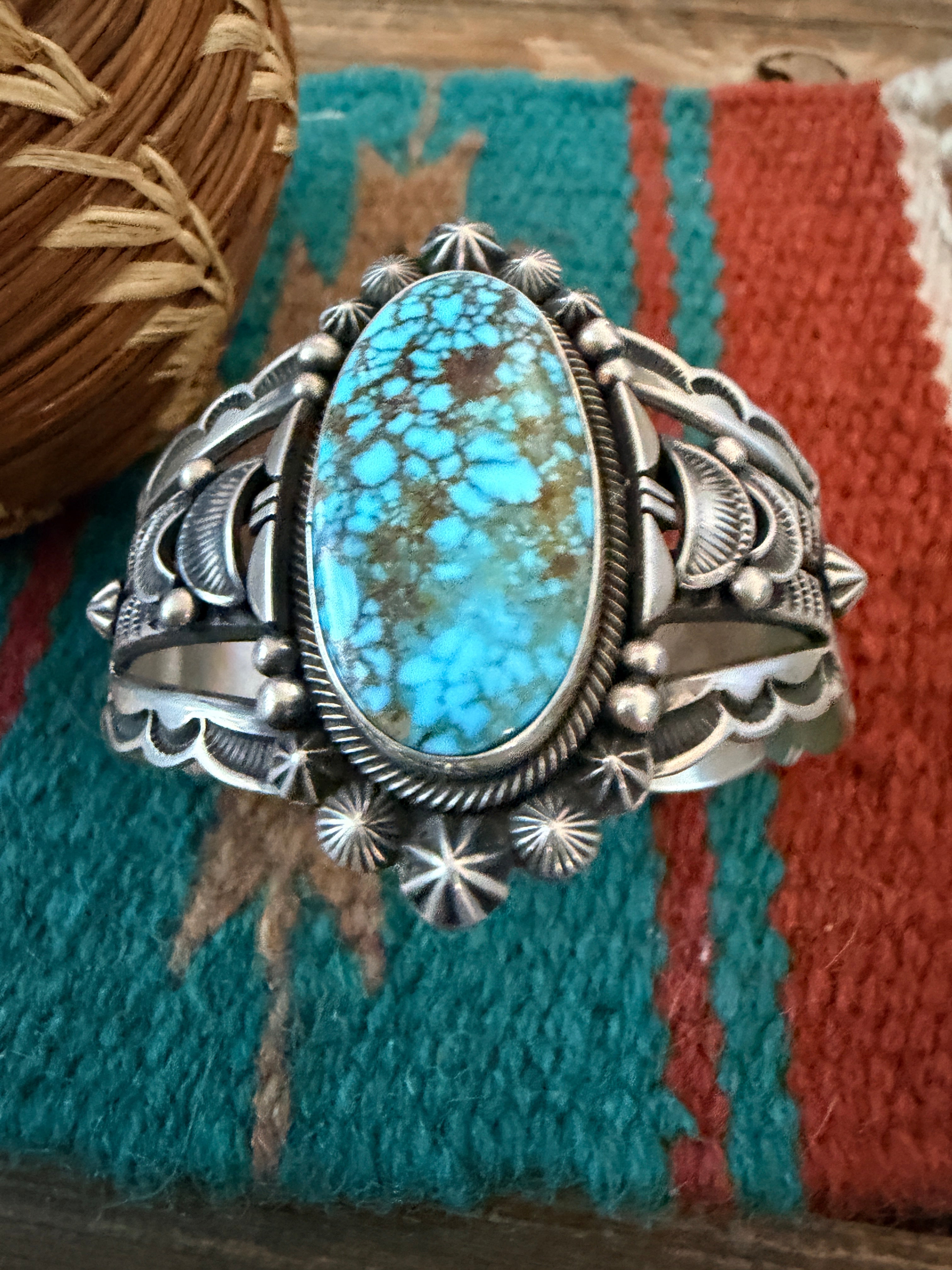 Handcrafted Kingman Web Turquoise & Sterling Silver Cuff Bracelet By Aaron Toadlena