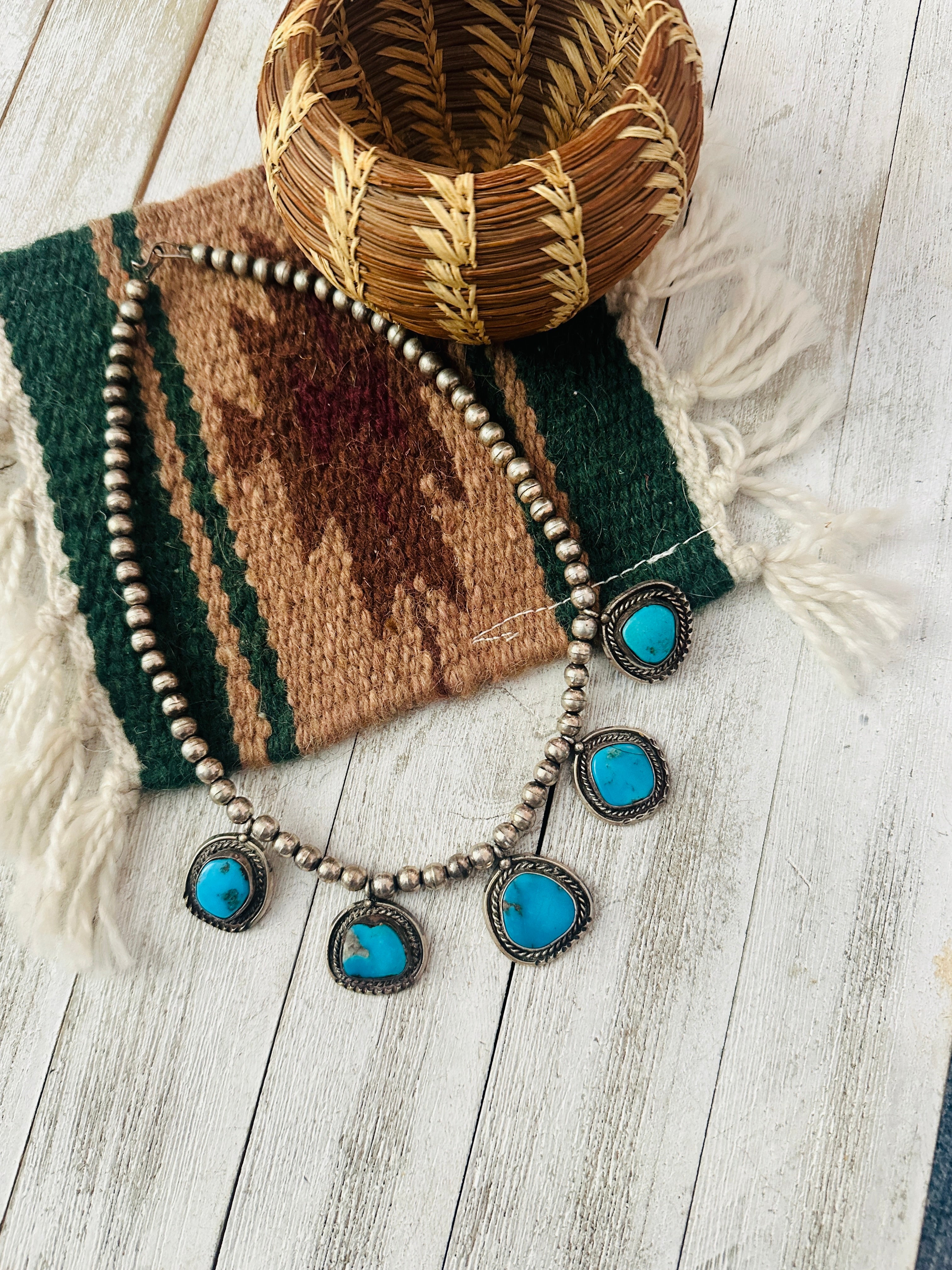 Vintage Old Pawn Navajo Turquoise & Sterling Silver Beaded Necklace